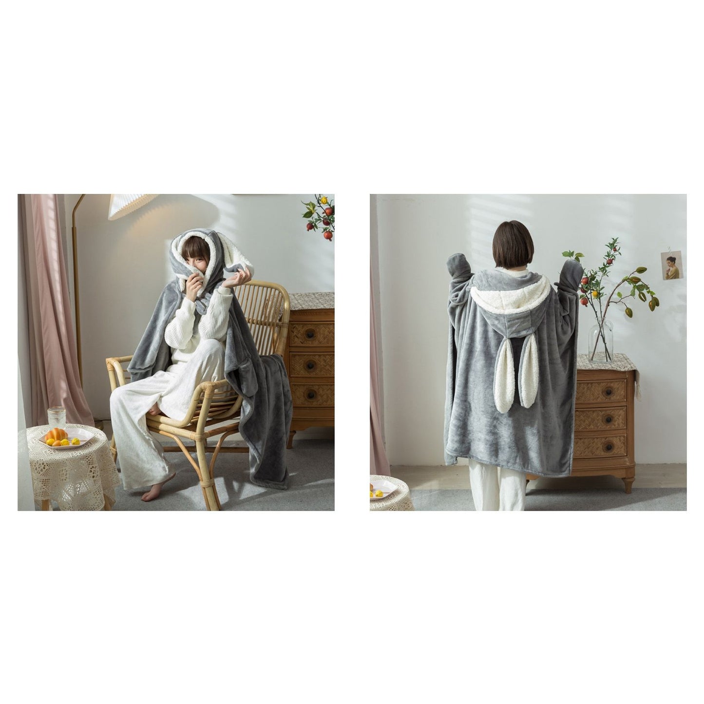 Hooded Blanket Wearable Polyester Plush Rabbit Ear Hooded Blanket Throw Soft Warm Blanket for Home Dark Gray V1294-YM0512-3117220259412