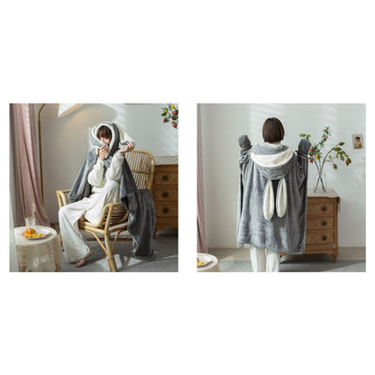 Hooded Blanket Wearable Polyester Plush Rabbit Ear Hooded Blanket Throw Soft Warm Blanket for Home Dark Gray V1294-YM0512-3117220259412