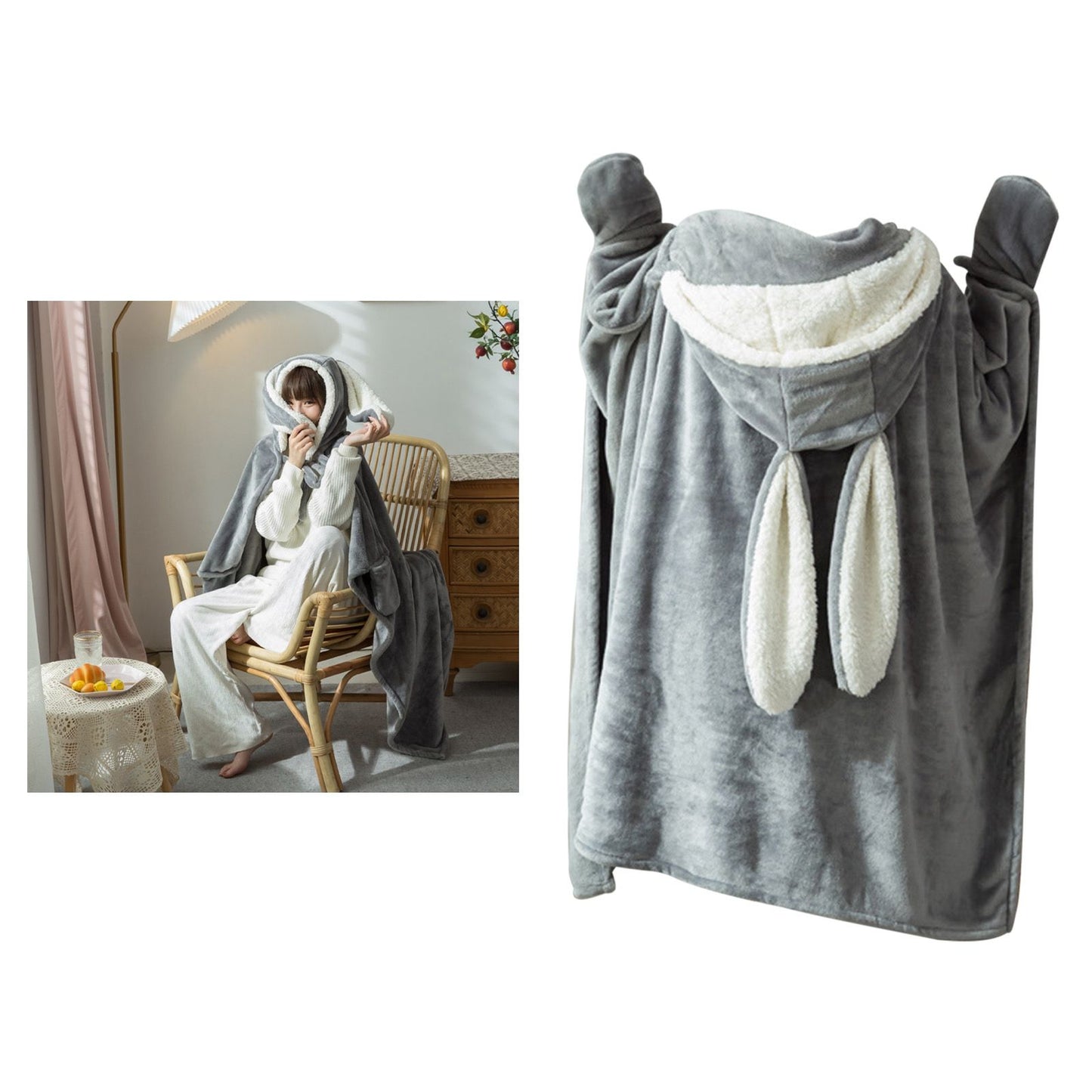 Hooded Blanket Wearable Polyester Plush Rabbit Ear Hooded Blanket Throw Soft Warm Blanket for Home Dark Gray V1294-YM0512-3117220259412
