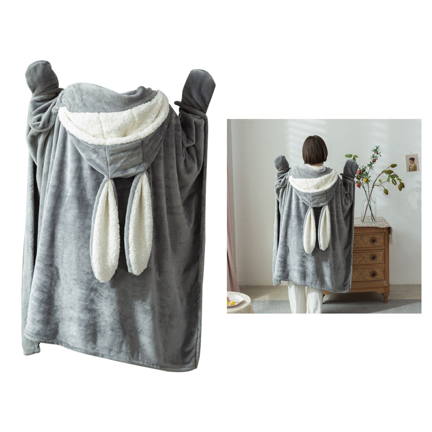 Hooded Blanket Wearable Polyester Plush Rabbit Ear Hooded Blanket Throw Soft Warm Blanket for Home Dark Gray V1294-YM0512-3117220259412