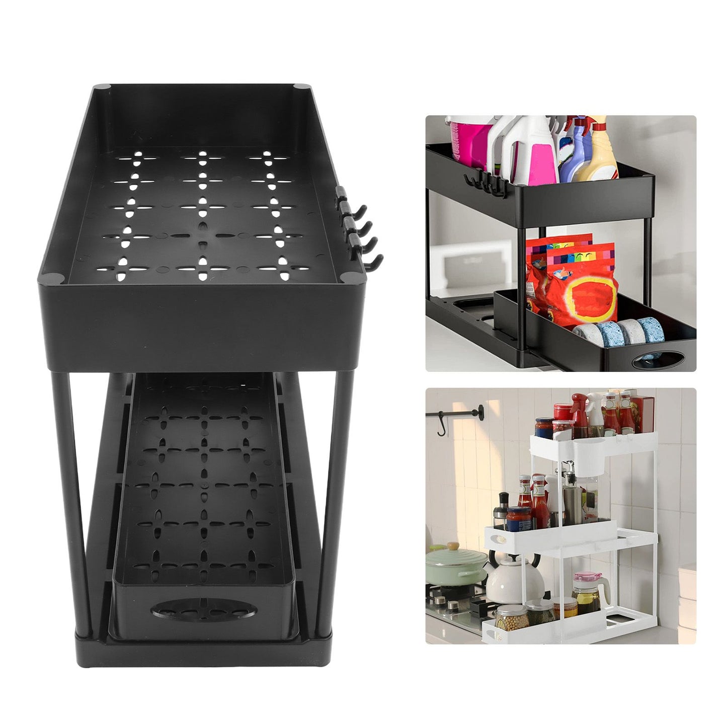 Slide Out Storage Basket Under Sink Organizer for Cabinet Sliding Drawers Countertop Pantry HIPS Black V1294-YM0512-3117220264411