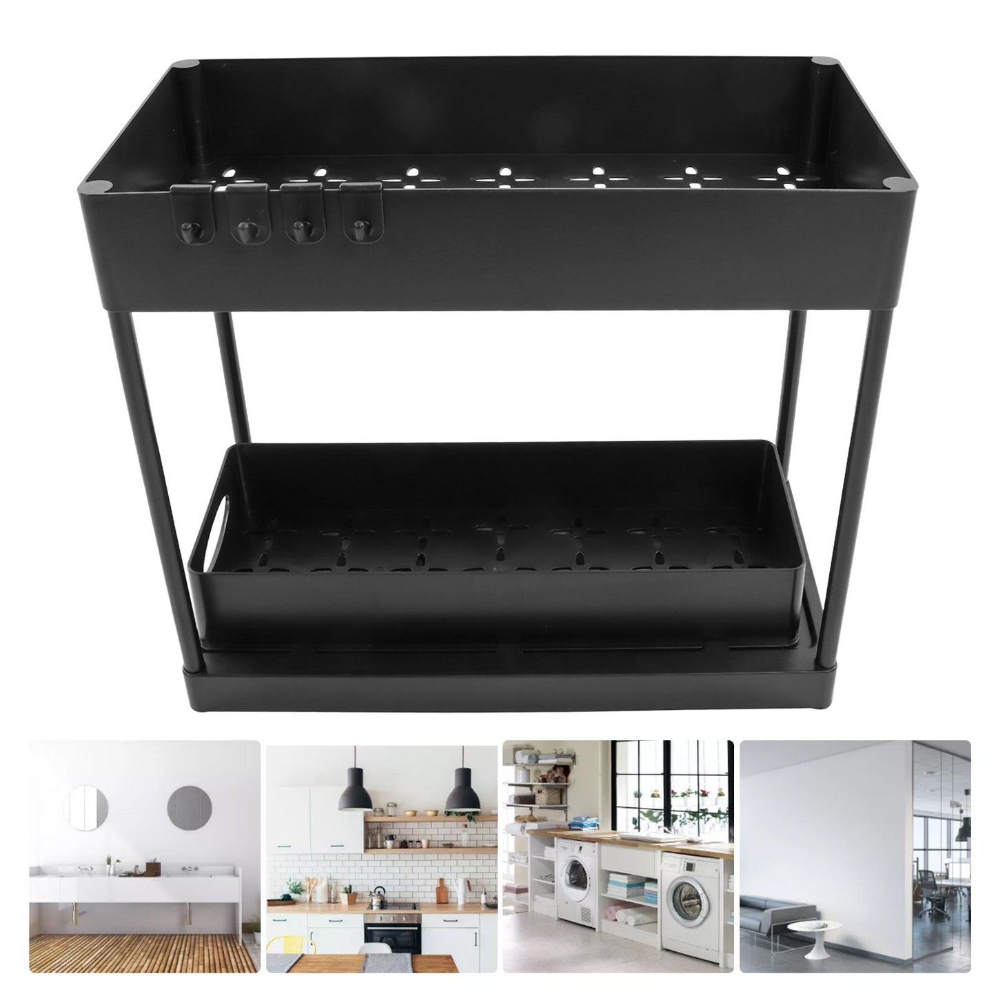 Slide Out Storage Basket Under Sink Organizer for Cabinet Sliding Drawers Countertop Pantry HIPS Black V1294-YM0512-3117220264411