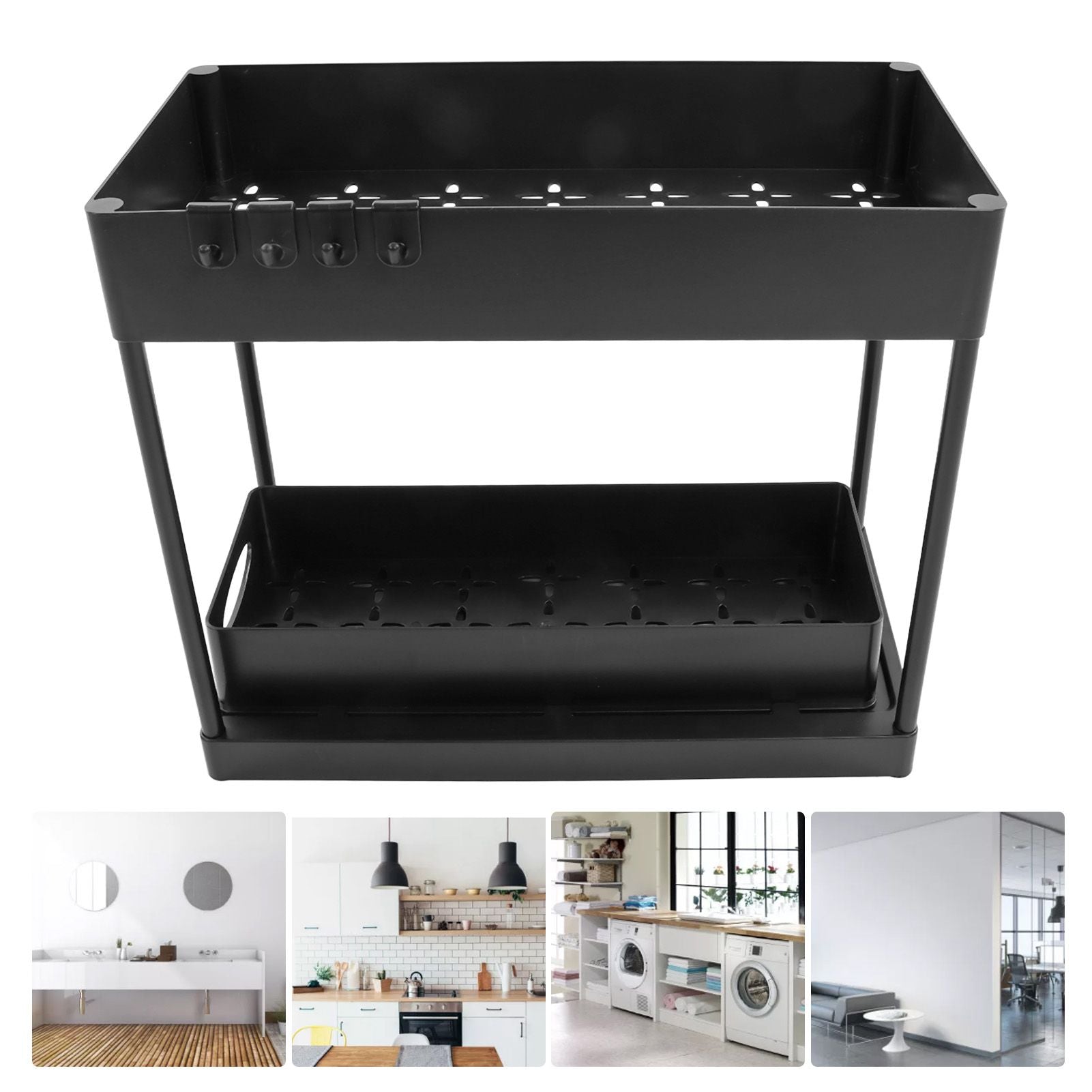 Slide Out Storage Basket Under Sink Organizer for Cabinet Sliding Drawers Countertop Pantry HIPS Black V1294-YM0512-3117220264411