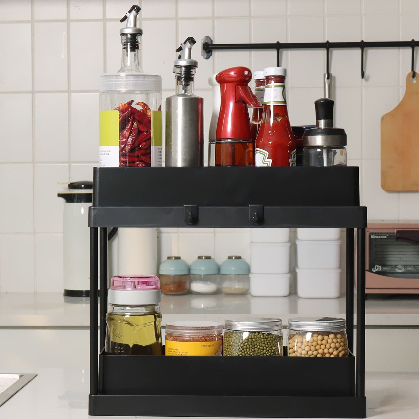 Slide Out Storage Basket Under Sink Organizer for Cabinet Sliding Drawers Countertop Pantry HIPS Black V1294-YM0512-3117220264411
