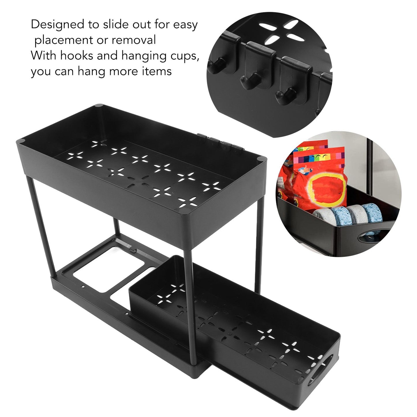 Slide Out Storage Basket Under Sink Organizer for Cabinet Sliding Drawers Countertop Pantry HIPS Black V1294-YM0512-3117220264411