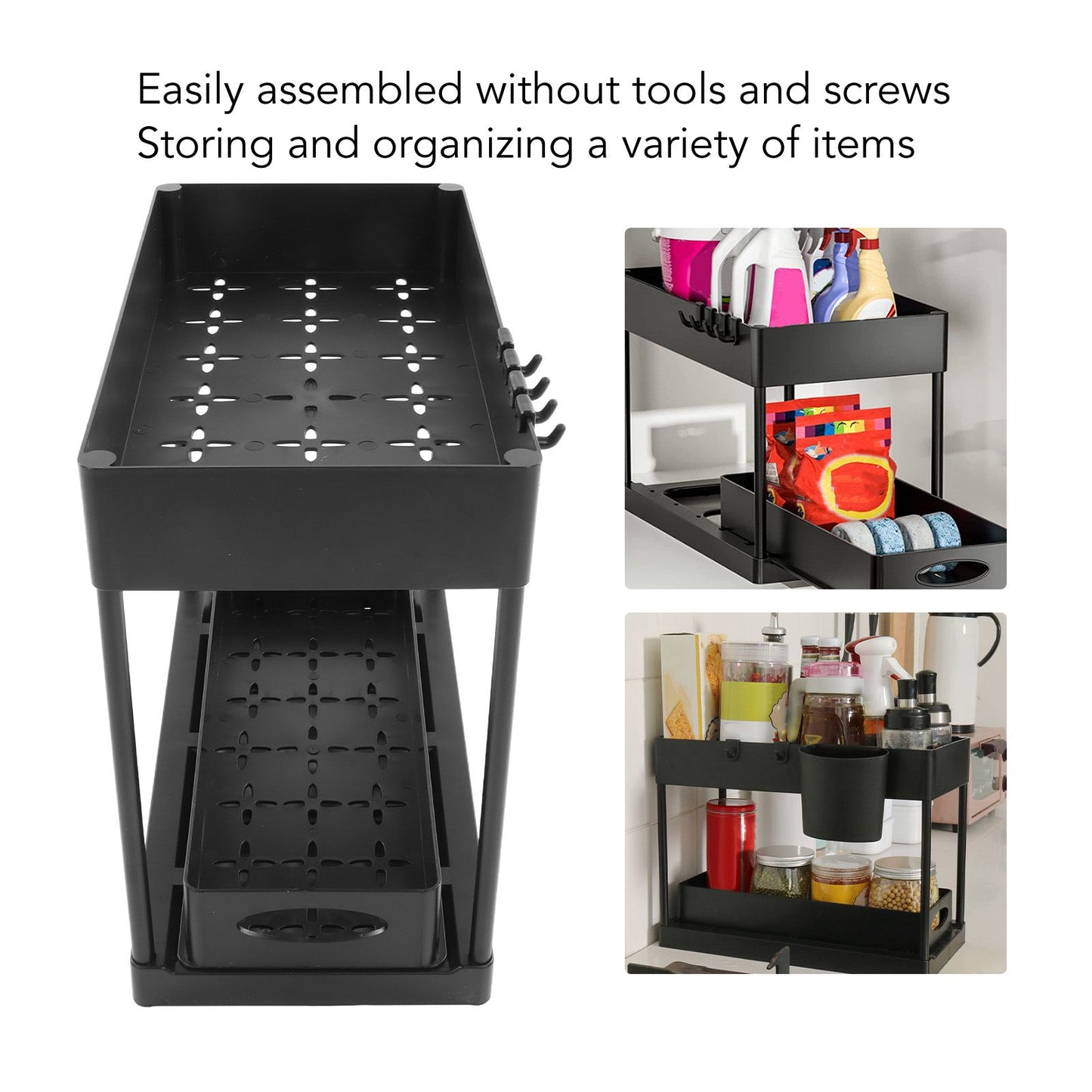 Slide Out Storage Basket Under Sink Organizer for Cabinet Sliding Drawers Countertop Pantry HIPS Black V1294-YM0512-3117220264411