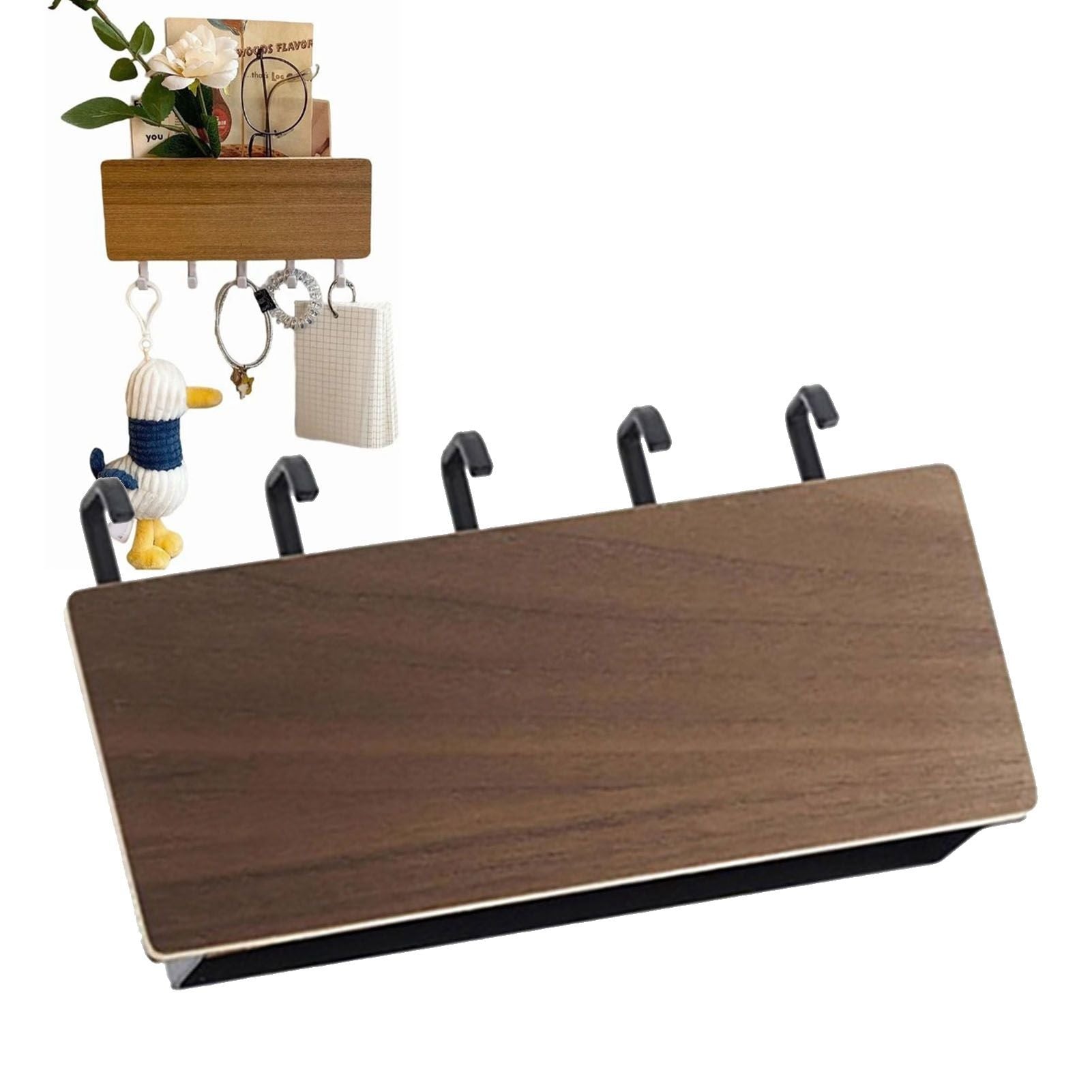 Japanese Wall Mounted Key Holder Wood with 5 Hooks Punch Free Multifunction Key Hanger for Home Walnut Color V1294-YM0512-3117220265012