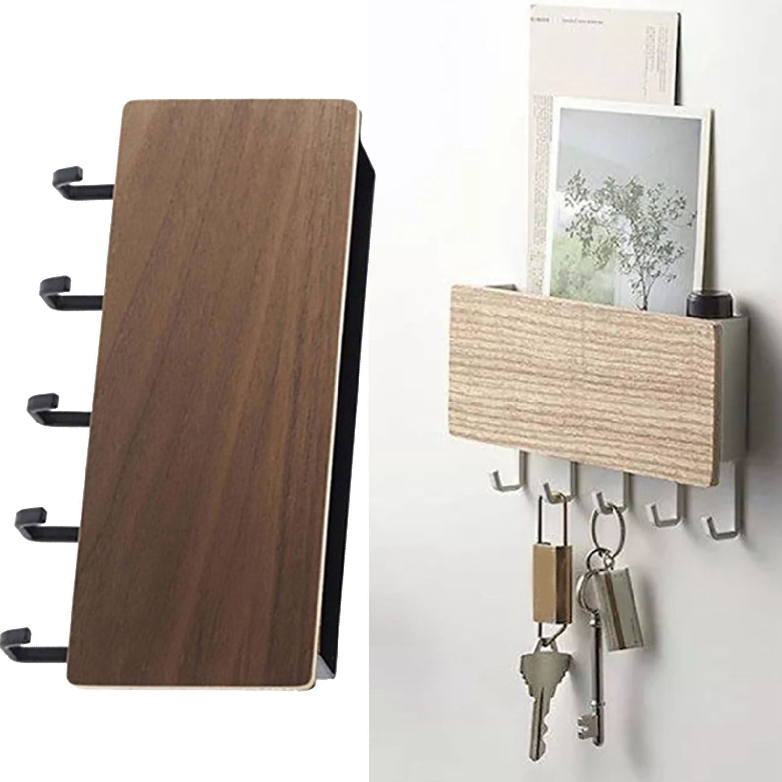 Japanese Wall Mounted Key Holder Wood with 5 Hooks Punch Free Multifunction Key Hanger for Home Walnut Color V1294-YM0512-3117220265012