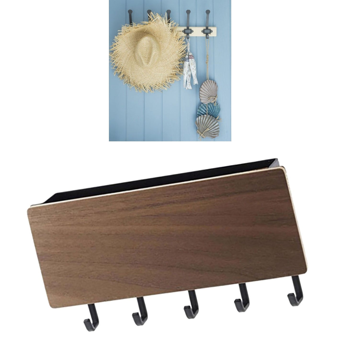 Japanese Wall Mounted Key Holder Wood with 5 Hooks Punch Free Multifunction Key Hanger for Home Walnut Color V1294-YM0512-3117220265012