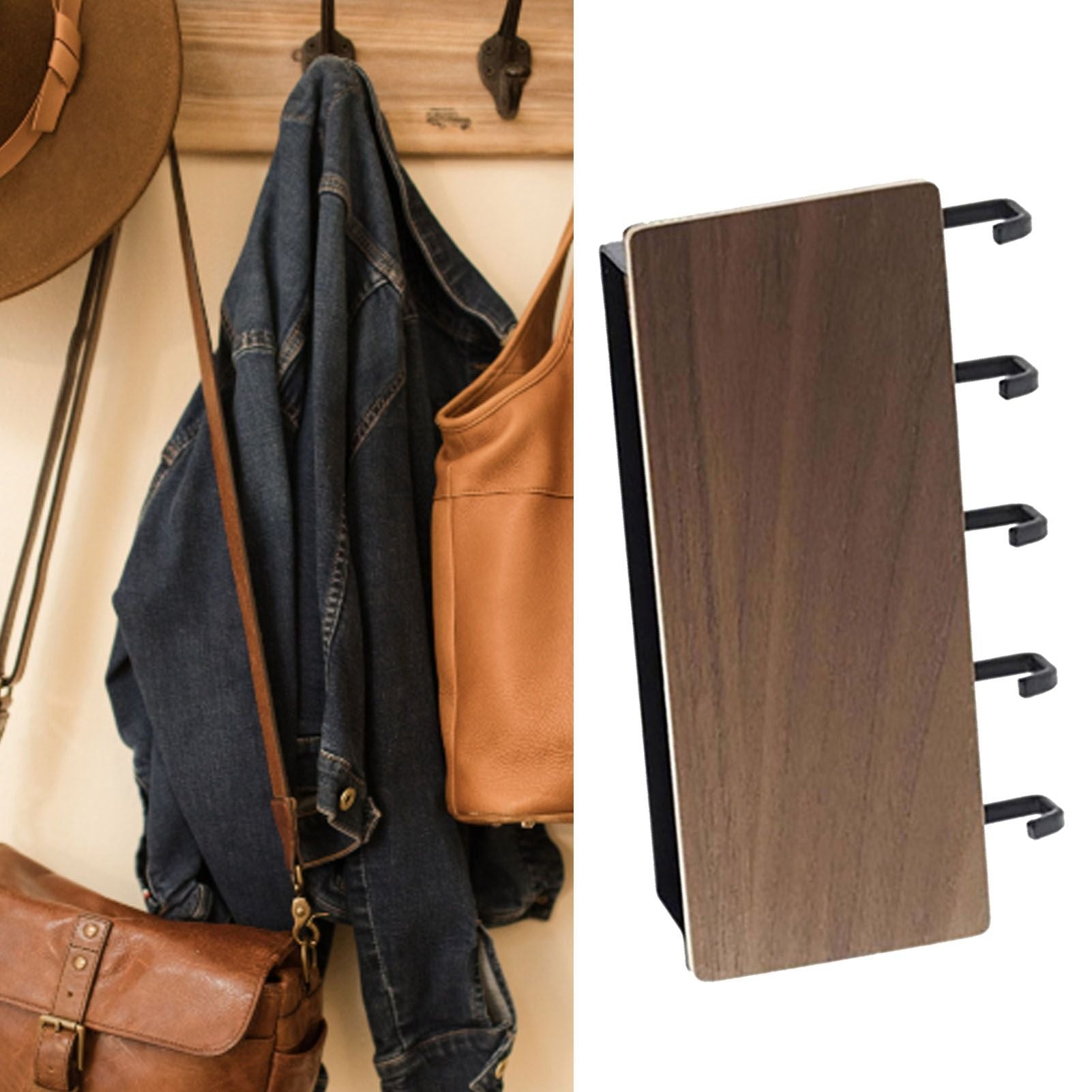 Japanese Wall Mounted Key Holder Wood with 5 Hooks Punch Free Multifunction Key Hanger for Home Walnut Color V1294-YM0512-3117220265012