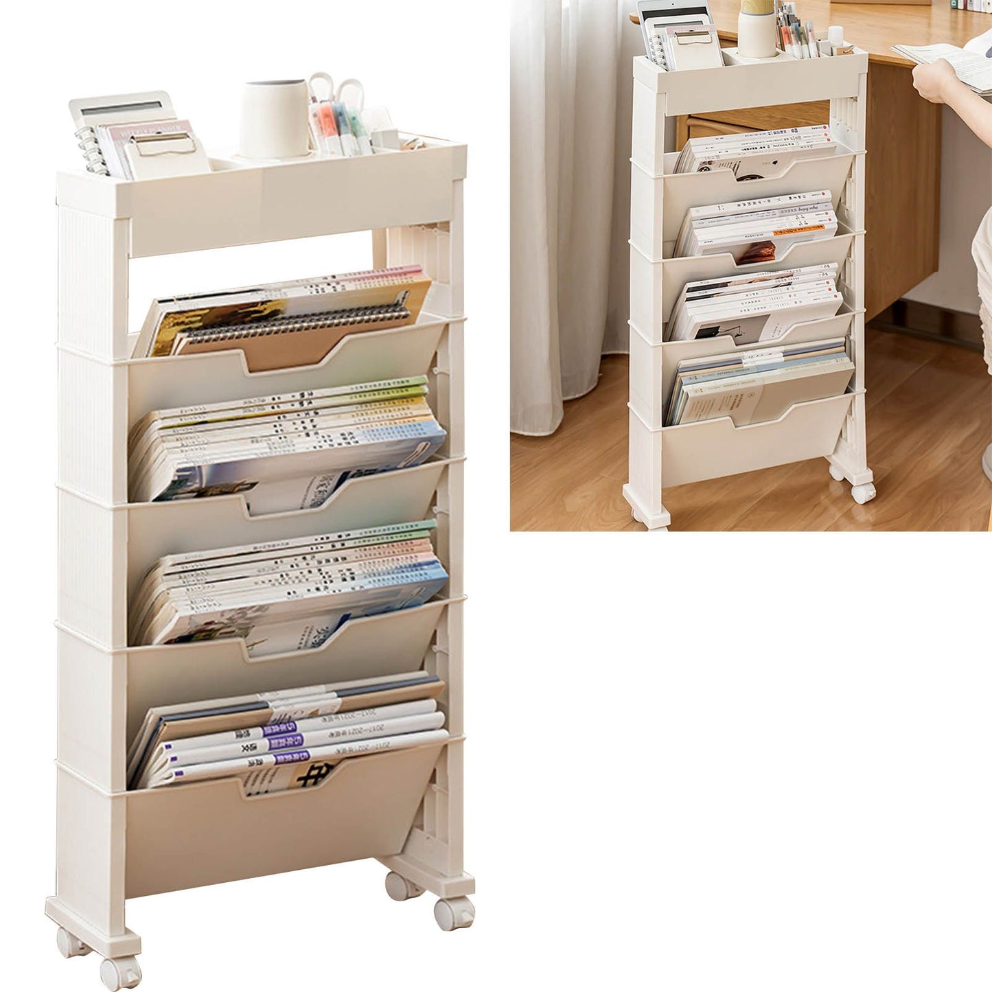 Classroom Bookshelf Multilayer with Universal Wheel Book Storage Shelving for Living Room V1294-YM0512-3117220266611