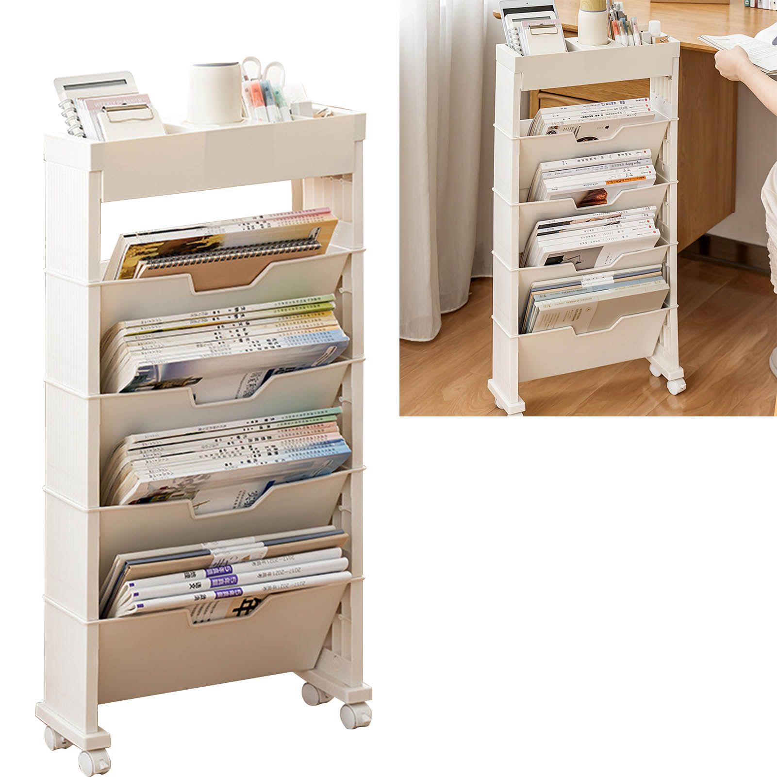 Classroom Bookshelf Multilayer with Universal Wheel Book Storage Shelving for Living Room V1294-YM0512-3117220266611