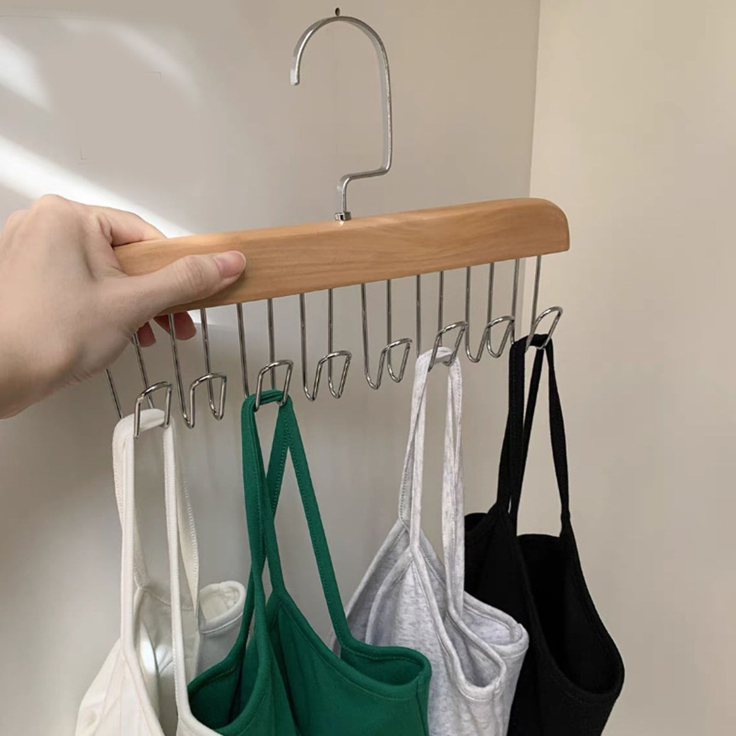 Multifunctional Hanger Punch Free with 8 Hooks Wood and Stainless Steel Cap Holder for Student Dormitory Khaki V1294-YM0512-3117220266712