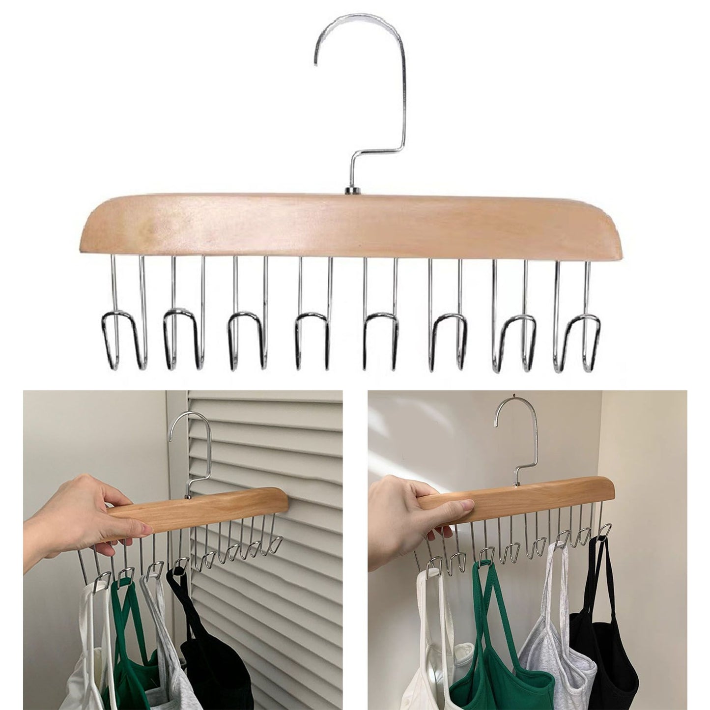 Multifunctional Hanger Punch Free with 8 Hooks Wood and Stainless Steel Cap Holder for Student Dormitory Khaki V1294-YM0512-3117220266712