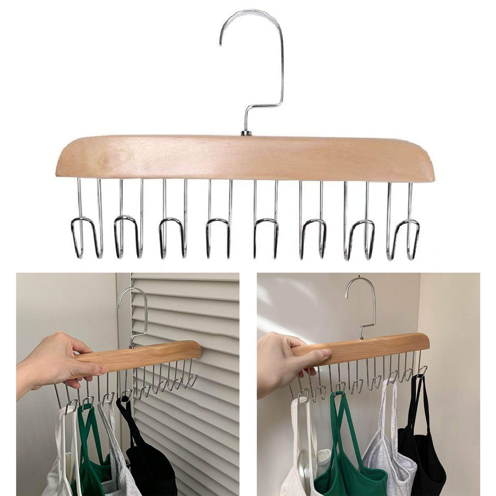 Multifunctional Hanger Punch Free with 8 Hooks Wood and Stainless Steel Cap Holder for Student Dormitory Khaki V1294-YM0512-3117220266712