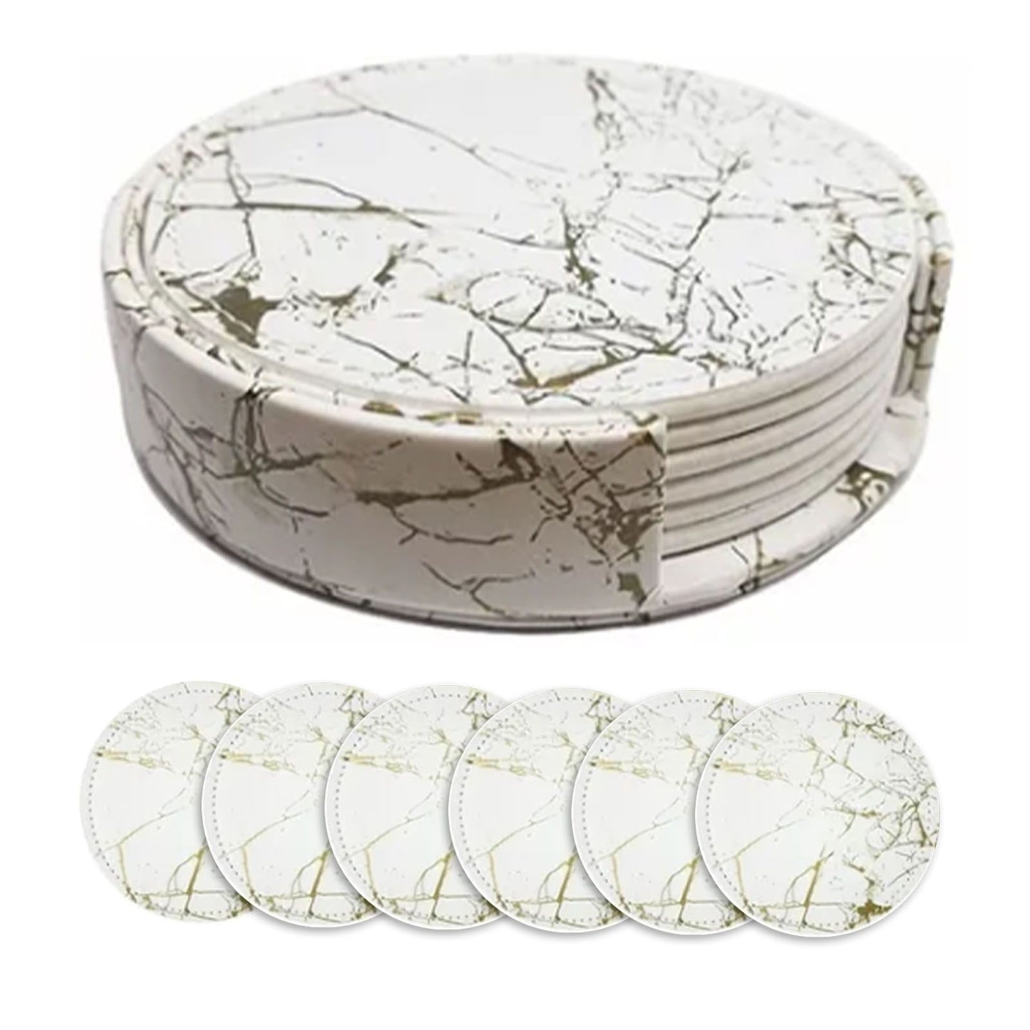 7PCS Drink Coaster Reversible Leather Round Platinum Marble Appearance 10cm Cup Mat for Home V1294-YM0512-3117220278711