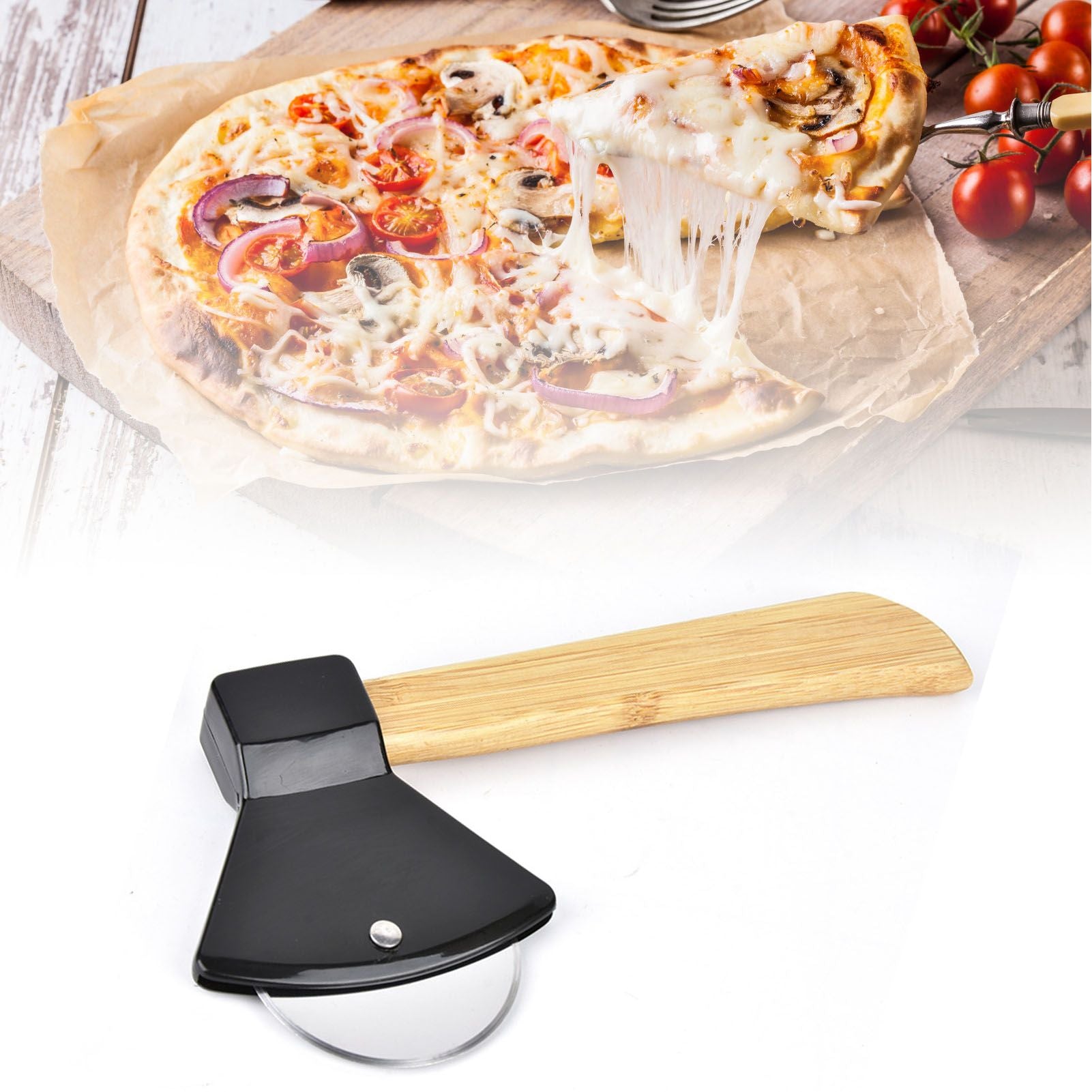 Pizza Knife 430 Steel PP Bamboo Handle Ergonomically Round Axe Pizza Cutter for Home Restaurants Black V1294-YM0512-3118220249311