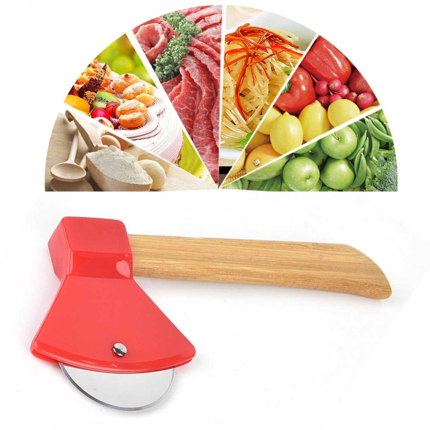 Pizza Knife 430 Steel PP Bamboo Handle Ergonomically Round Axe Pizza Cutter for Home Restaurants Red V1294-YM0512-3118220249312
