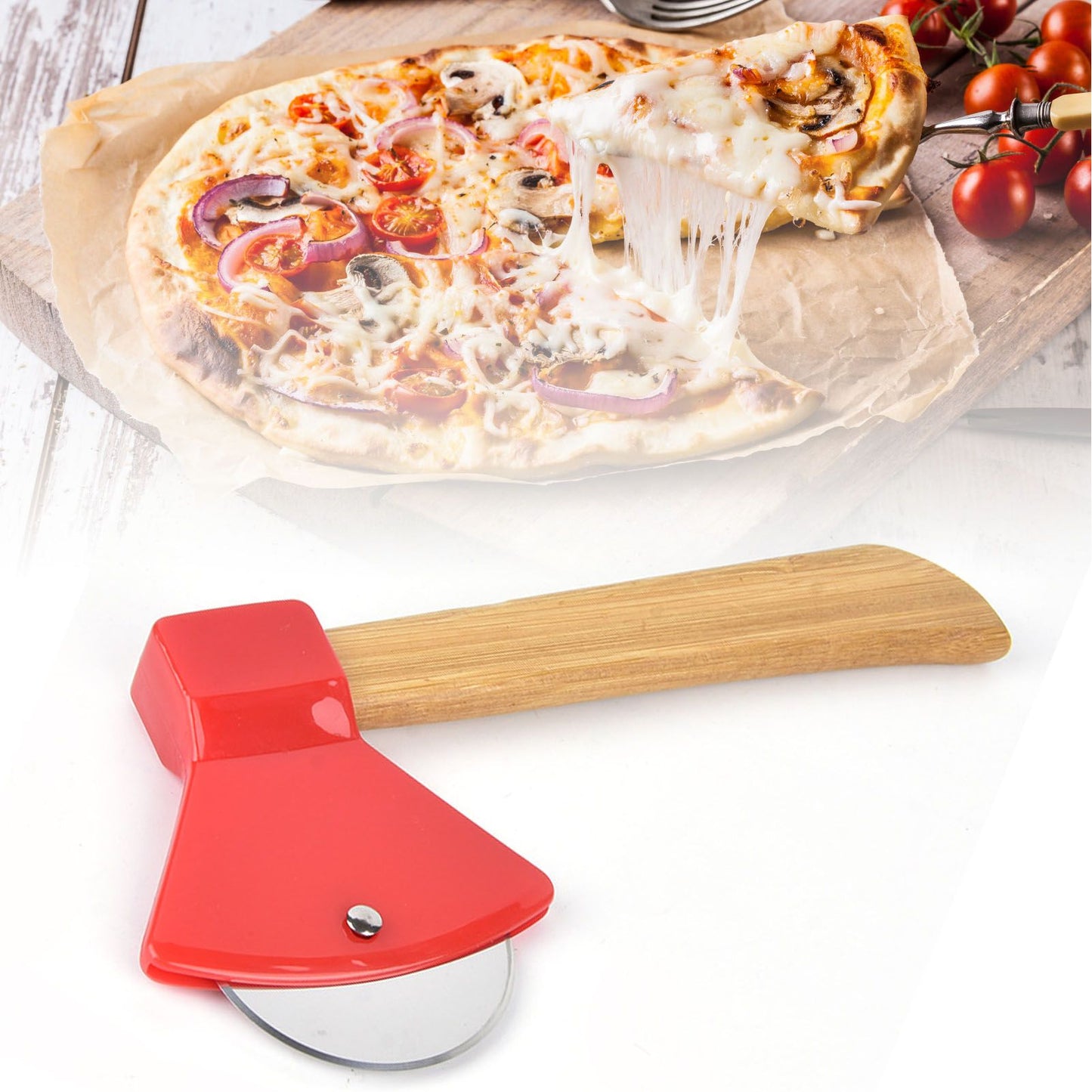 Pizza Knife 430 Steel PP Bamboo Handle Ergonomically Round Axe Pizza Cutter for Home Restaurants Red V1294-YM0512-3118220249312