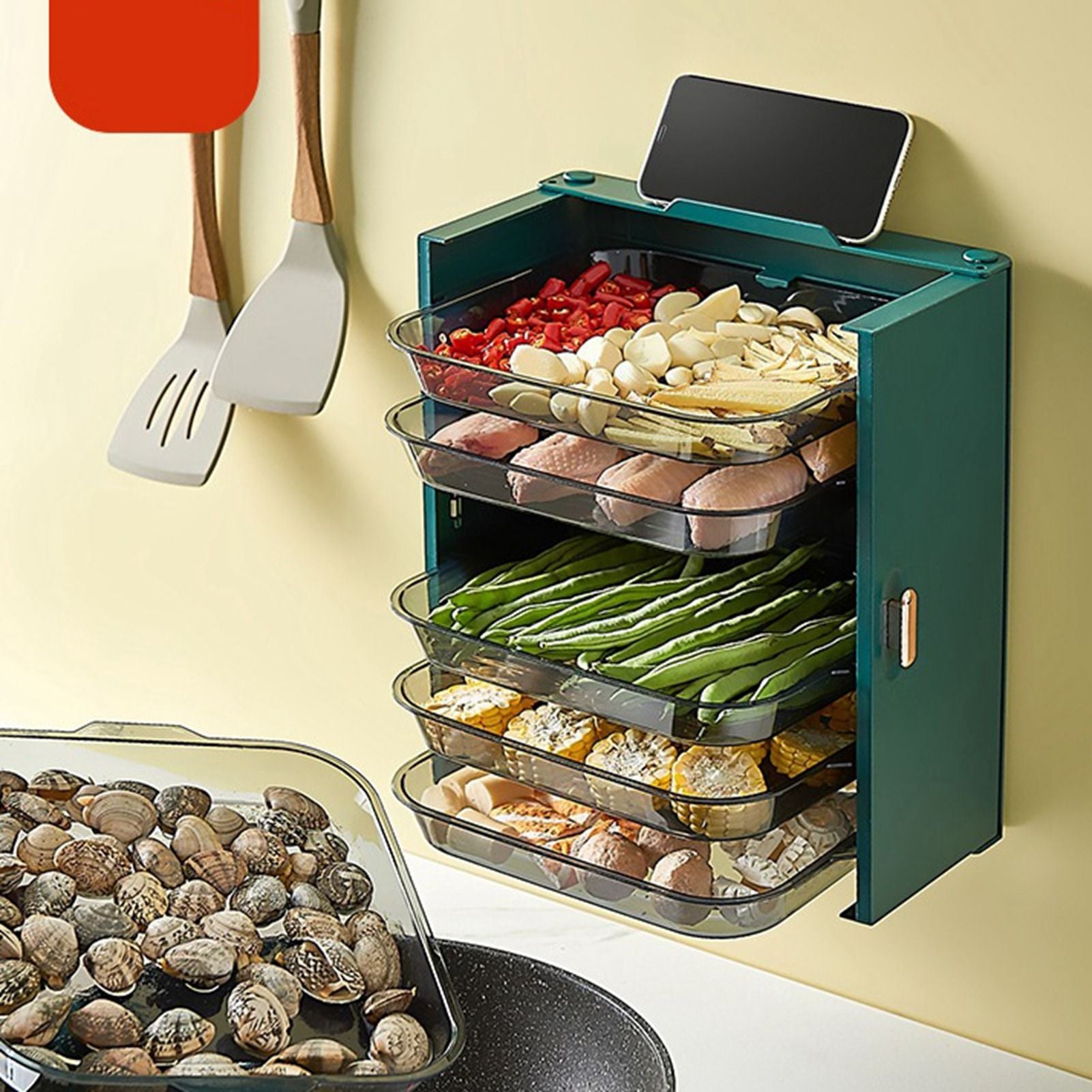 Kitchen Side Dishes Punch Free Foldable PET 6 Layers Wall Mounted Organization Rack Cooking Plates Storage V1294-YM0512-3118220256612