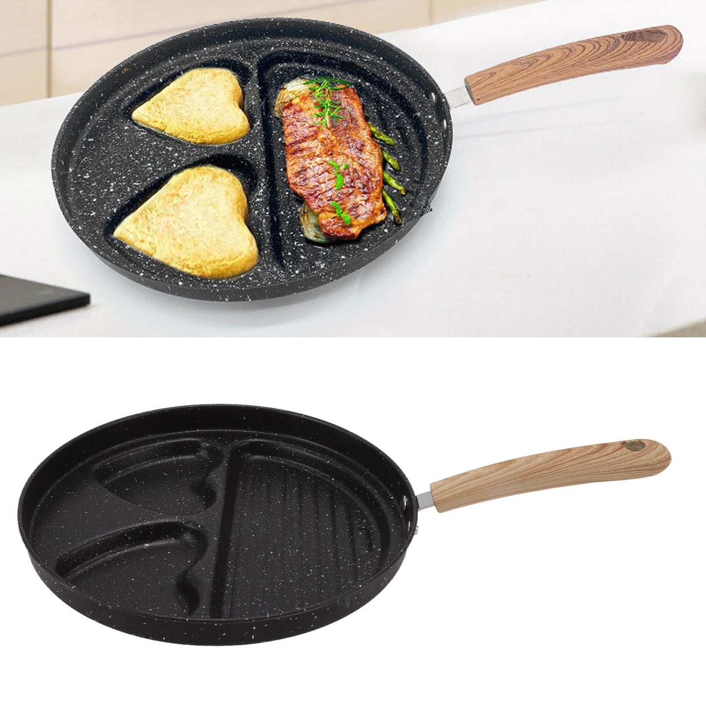 Egg Steak Divided Frying Pan 3 in 1 Multifunctional Prevent Stick Egg Beef Steak Cooker Pan for Home V1294-YM0512-3118220257811