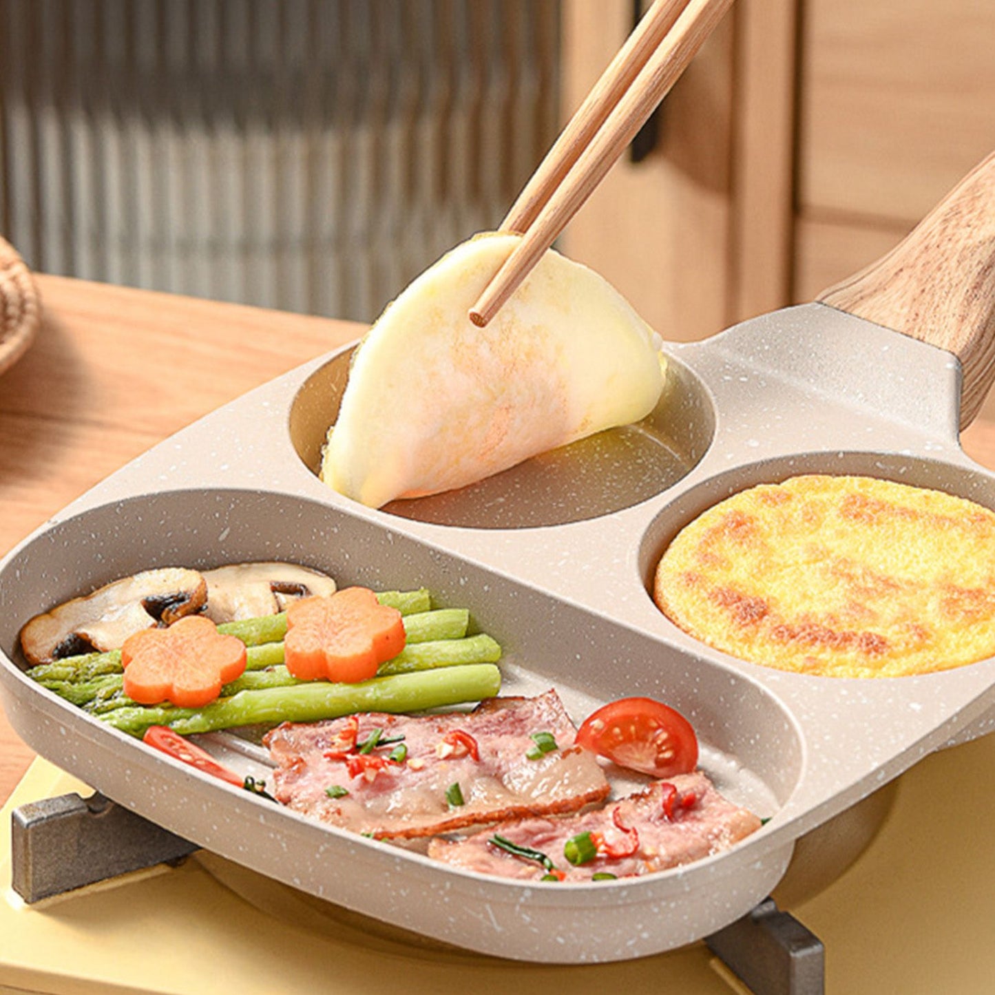 3 in 1 Breakfast Pan Nonstick Aluminum Alloy Labor Saving Pancake Frying Pan for Egg Bacon Universal Type V1294-YM0512-3118220265212