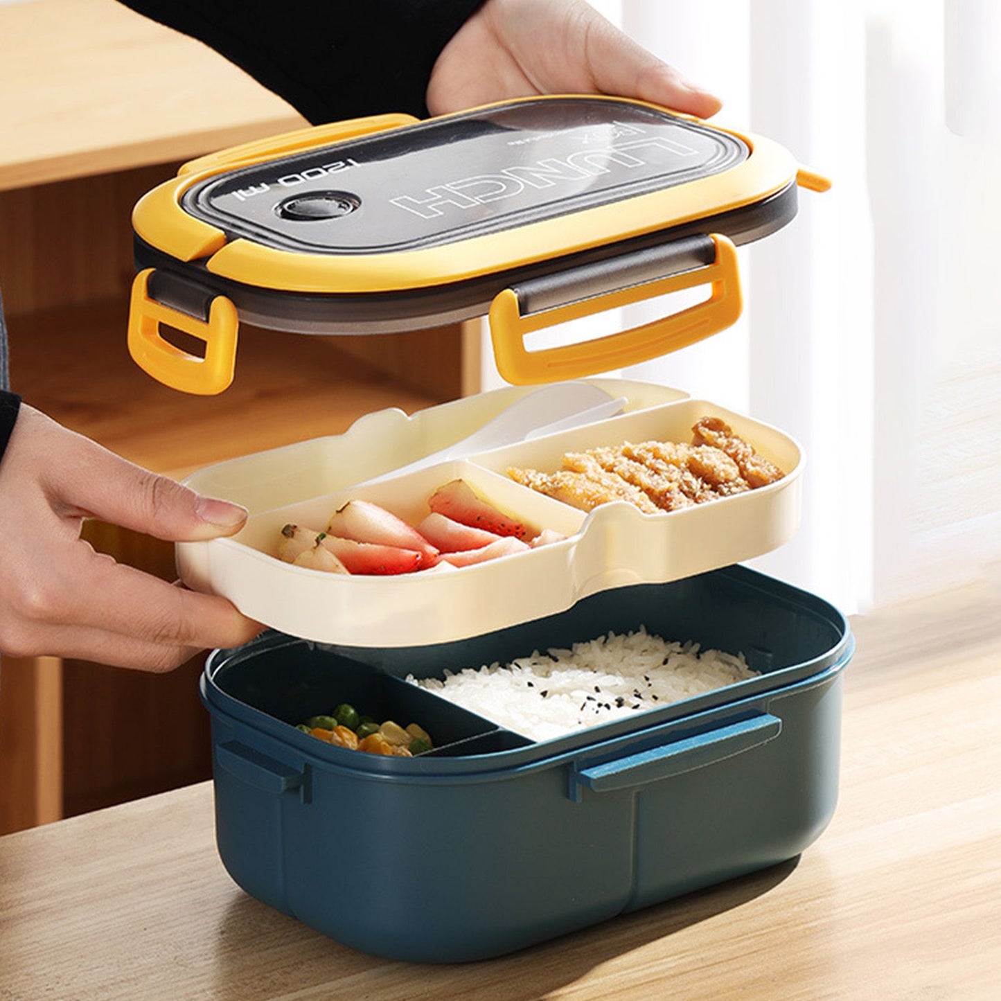 1200ml Bento Lunch Box Double Layer Insulation Lunch Box Container with Fork Spoon for Students Office V1294-YM0512-3118220267412