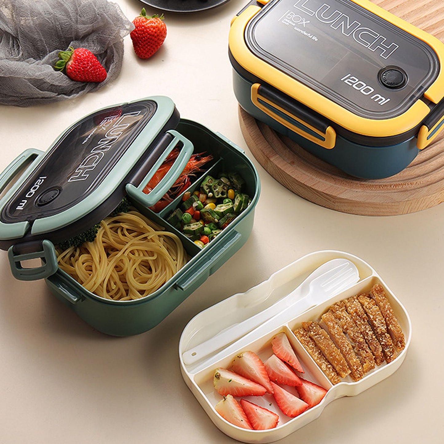 1200ml Bento Lunch Box Double Layer Insulation Lunch Box Container with Fork Spoon for Students Office V1294-YM0512-3118220267412