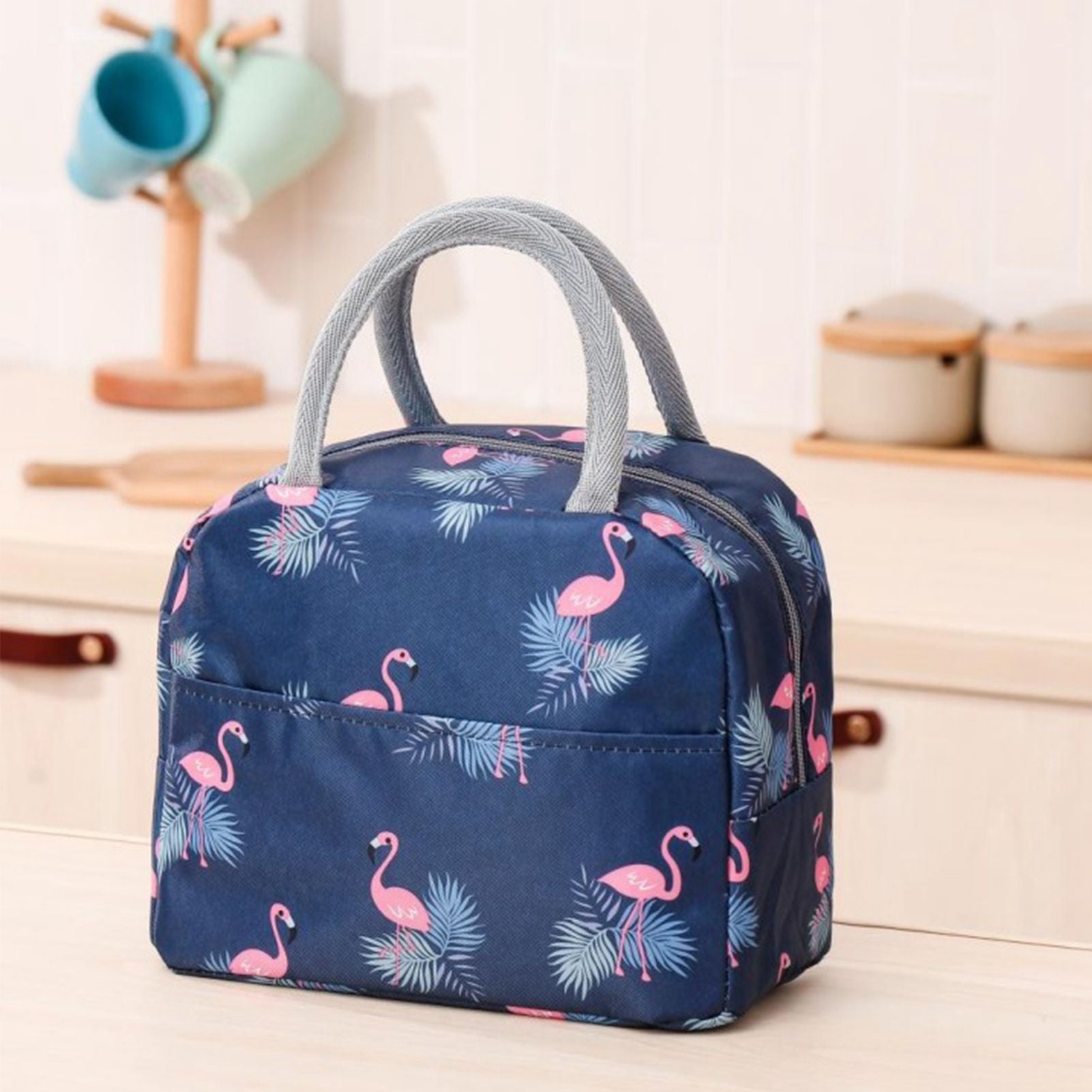 Insulated Lunch Bag Large Capacity Flamingo Pattern Portable Thickened Zipper Lunch Bag for School Work Navy V1294-YM0512-3118220267512
