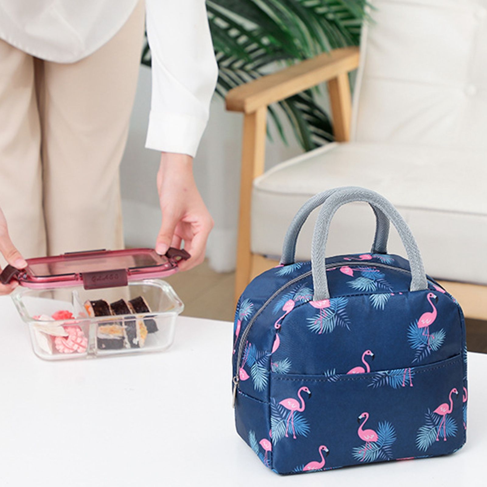 Insulated Lunch Bag Large Capacity Flamingo Pattern Portable Thickened Zipper Lunch Bag for School Work Navy V1294-YM0512-3118220267512