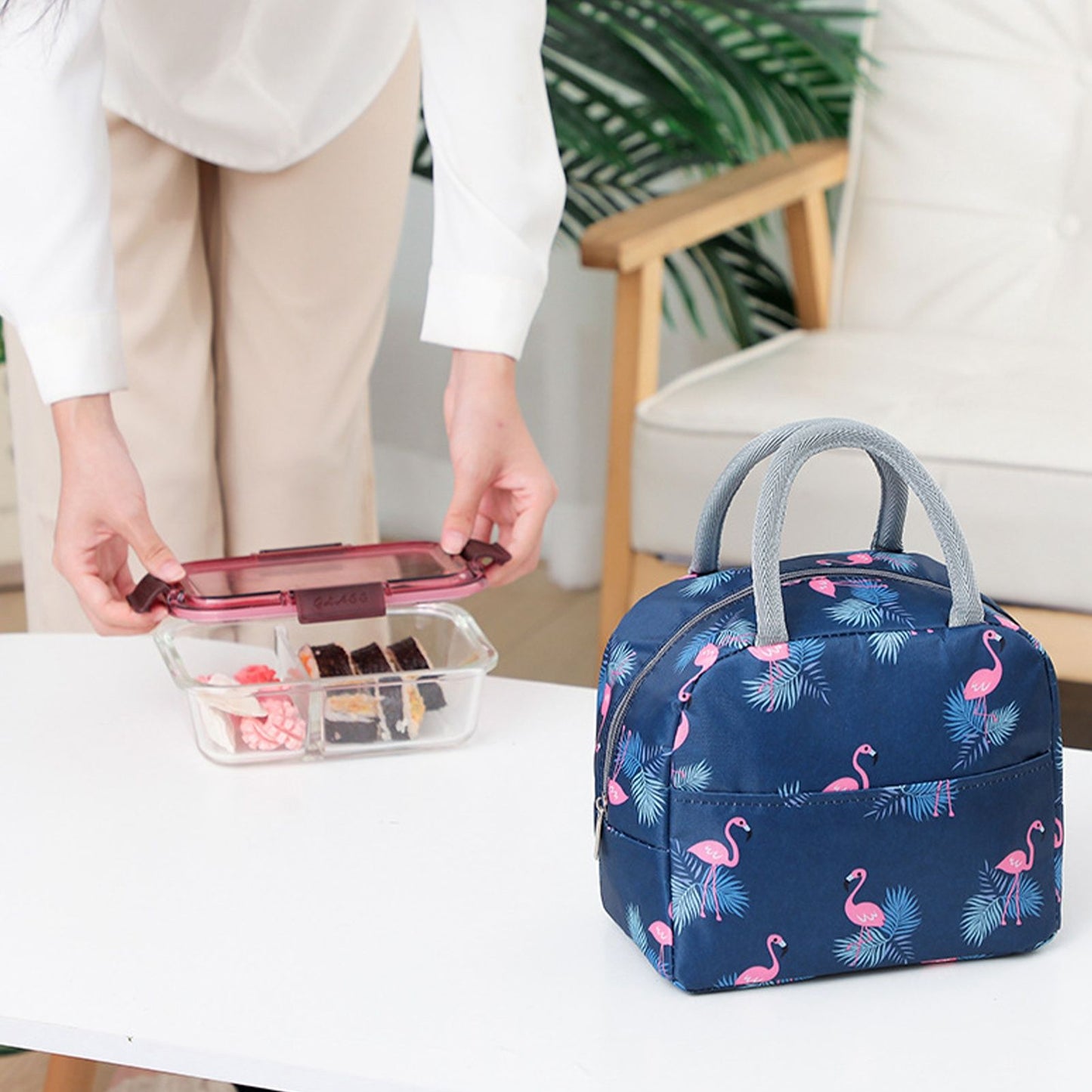 Insulated Lunch Bag Large Capacity Flamingo Pattern Portable Thickened Zipper Lunch Bag for School Work Navy V1294-YM0512-3118220267512
