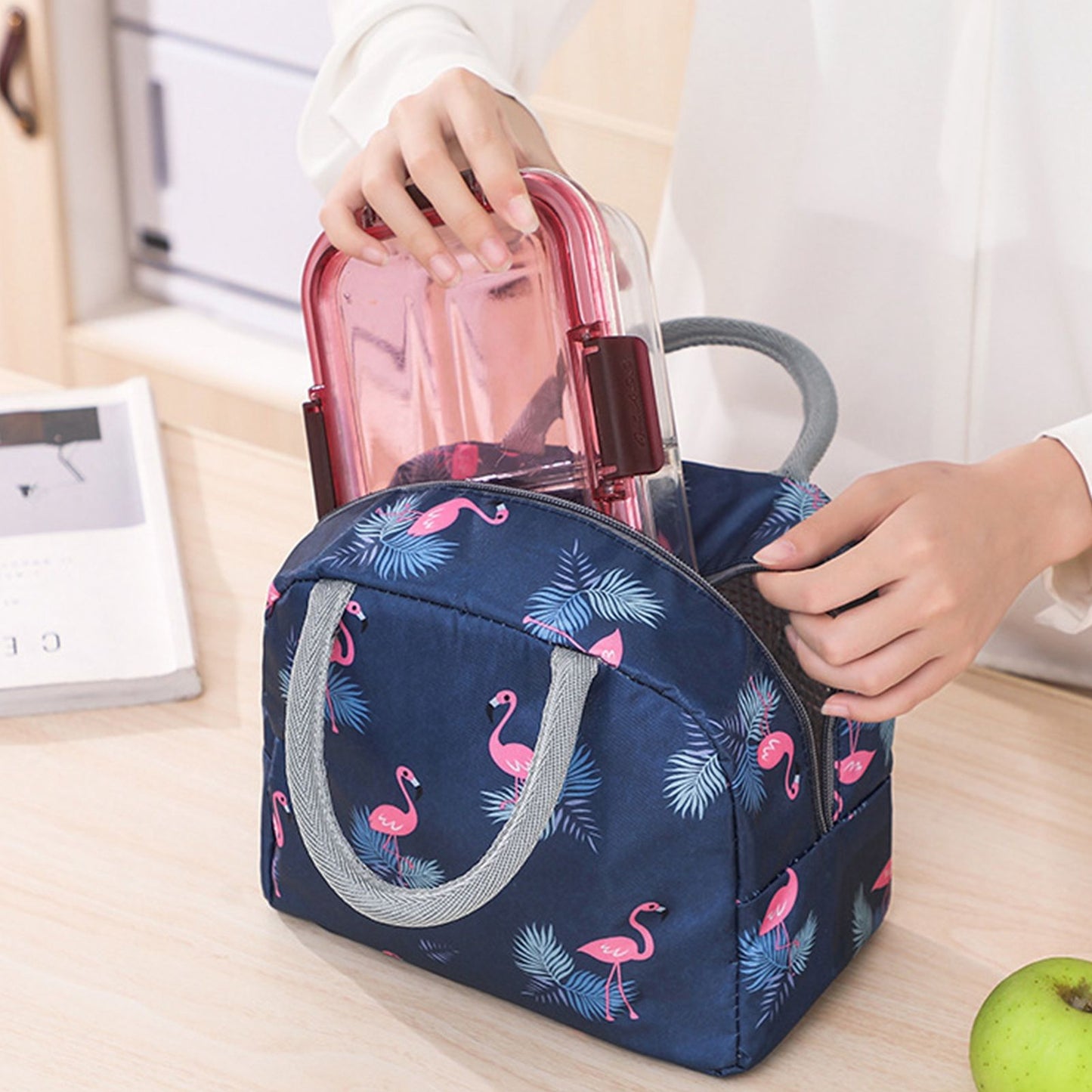 Insulated Lunch Bag Large Capacity Flamingo Pattern Portable Thickened Zipper Lunch Bag for School Work Navy V1294-YM0512-3118220267512