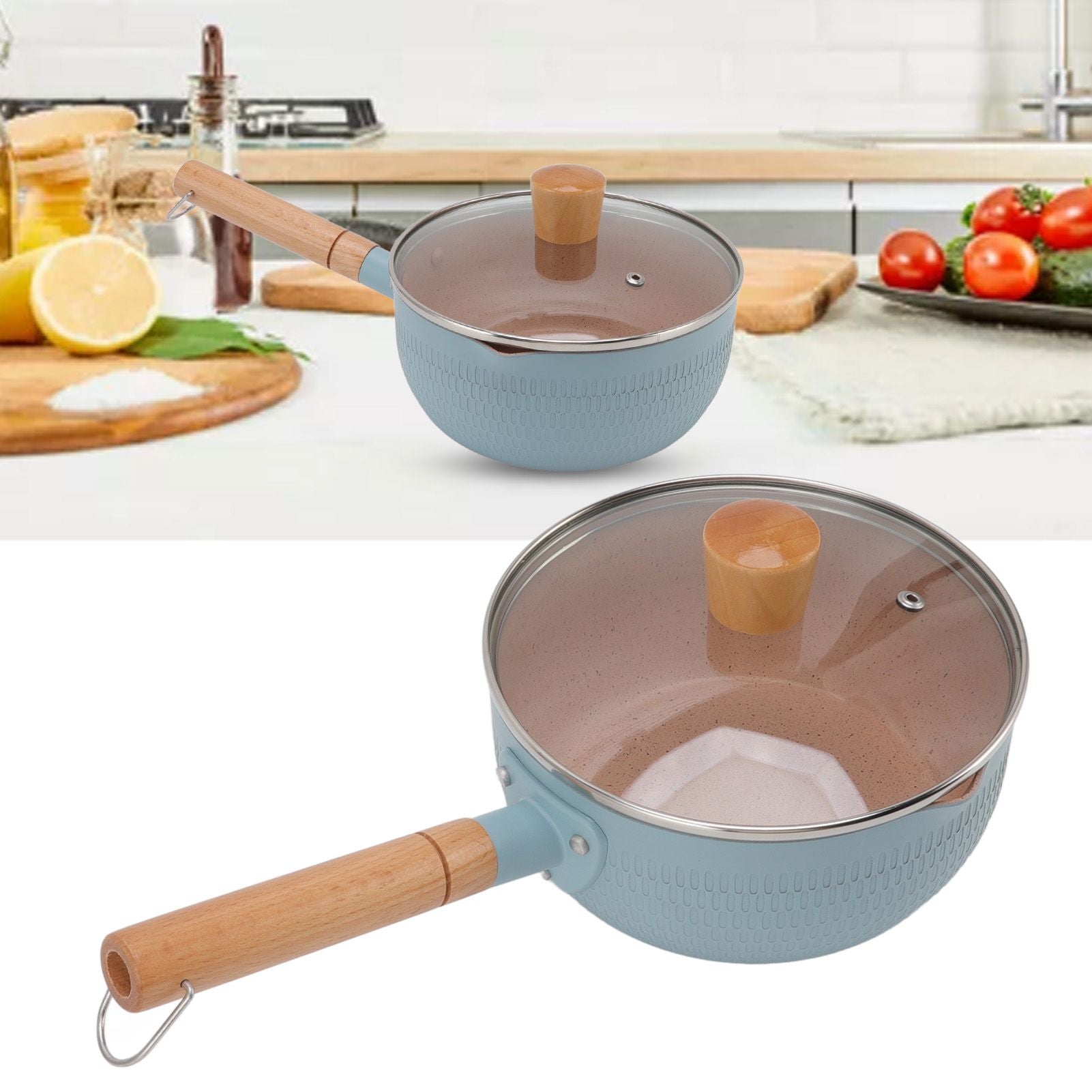 Sauce Pan Stick Proof Aluminum Alloy Multi Functional Milk Pot with Wooden Handle for Induction Gas Stove Blue V1294-YM0512-3118220271612