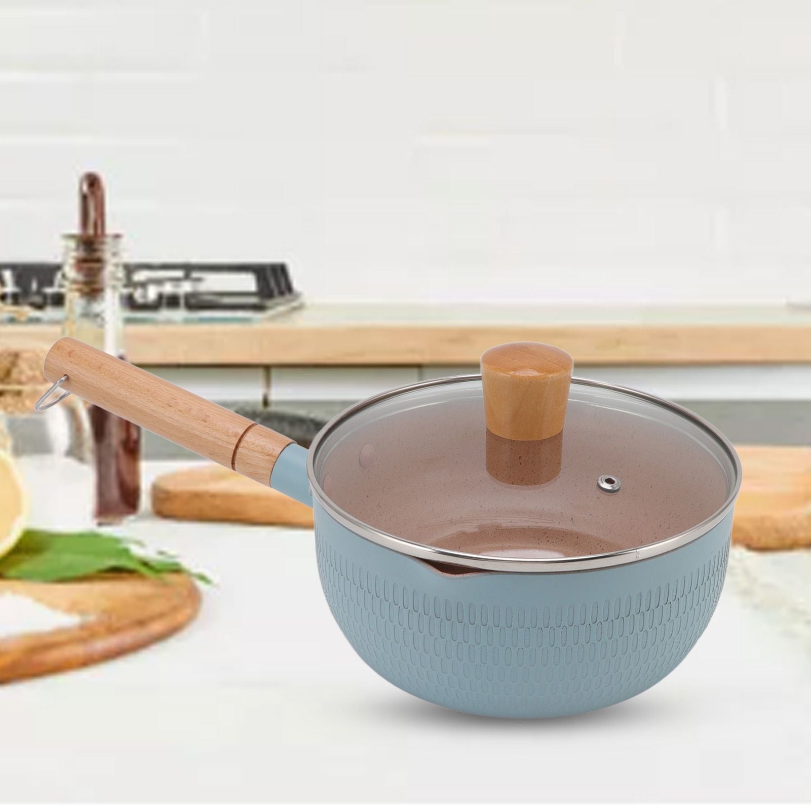 Sauce Pan Stick Proof Aluminum Alloy Multi Functional Milk Pot with Wooden Handle for Induction Gas Stove Blue V1294-YM0512-3118220271612