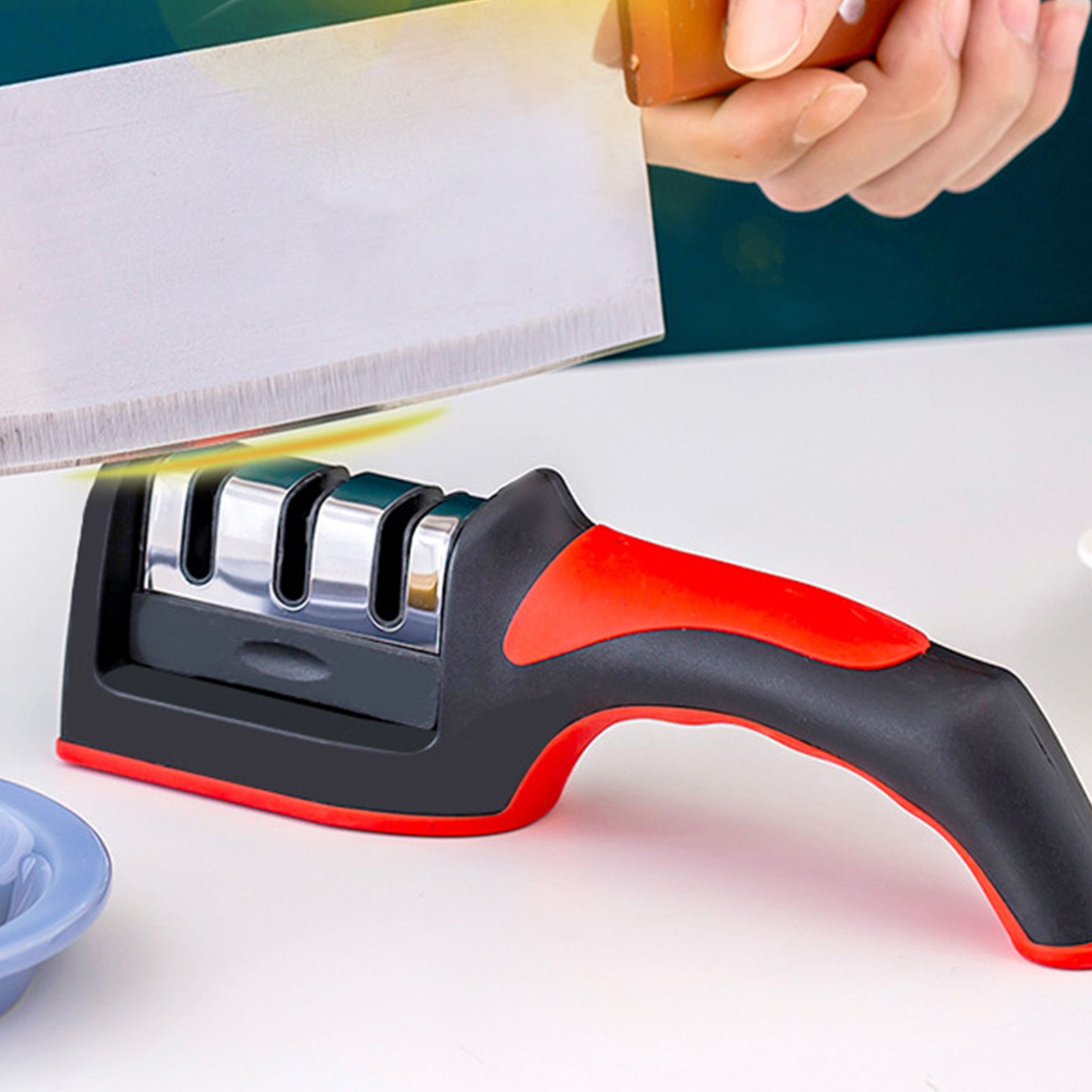 Handheld Knife Sharpening Tool 3 Segments Red and Black Multipurpose Knife Sharpener for Kitchen V1294-YM0512-3118220275011