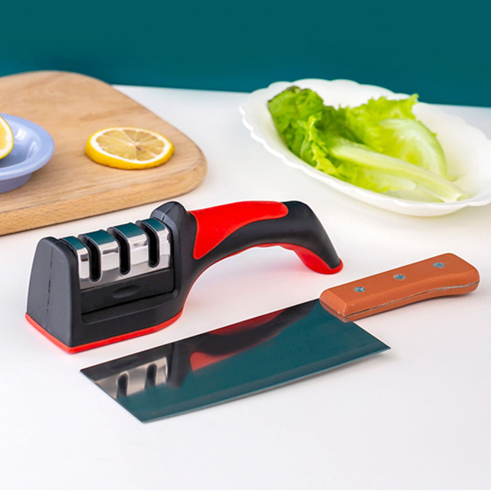 Handheld Knife Sharpening Tool 3 Segments Red and Black Multipurpose Knife Sharpener for Kitchen V1294-YM0512-3118220275011