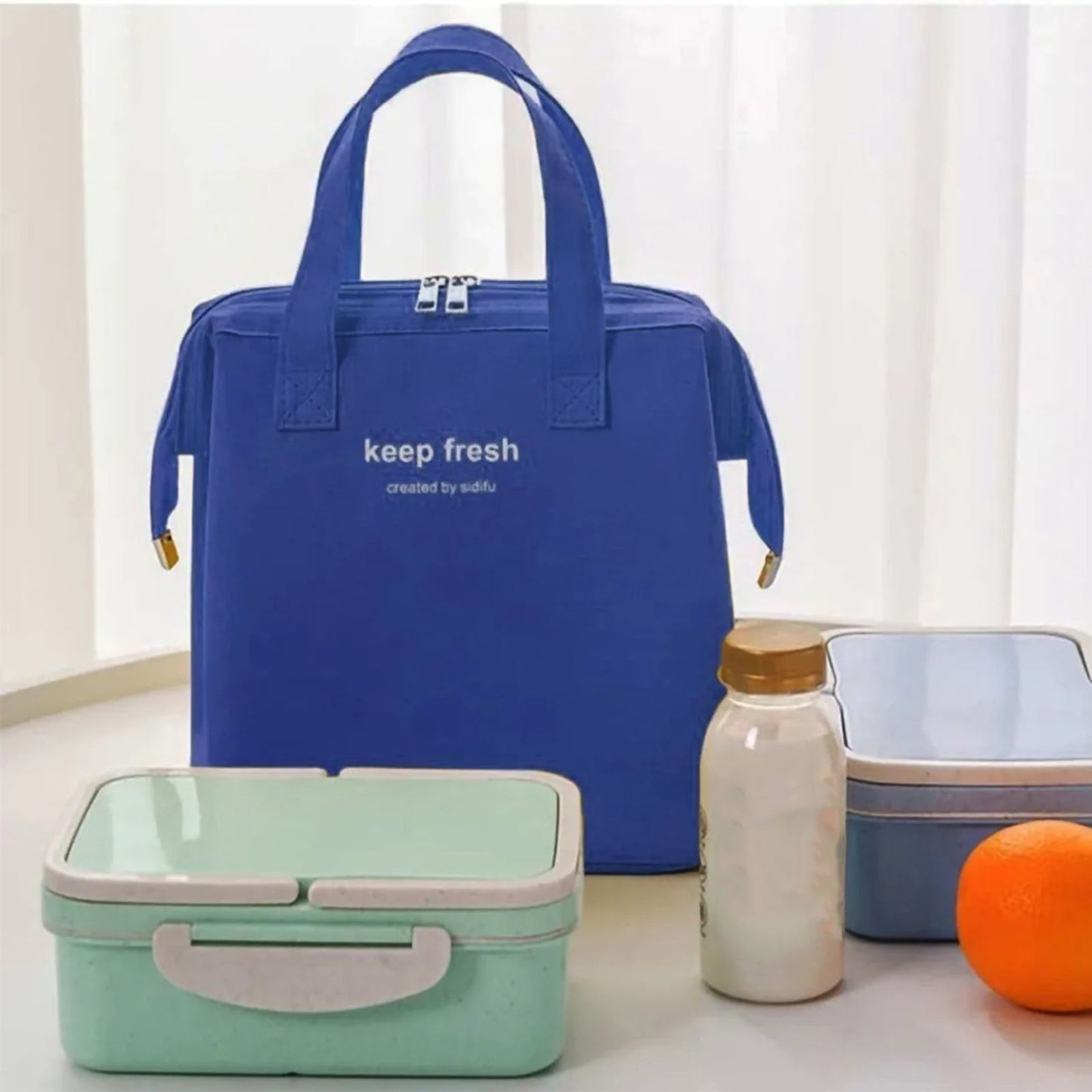 Insulated Lunch Bag Solid Color Oxford Cloth Waterproof Metal Zipper Portable Lunchbox for Commuting Royalblue V1294-YM0512-3118220275811