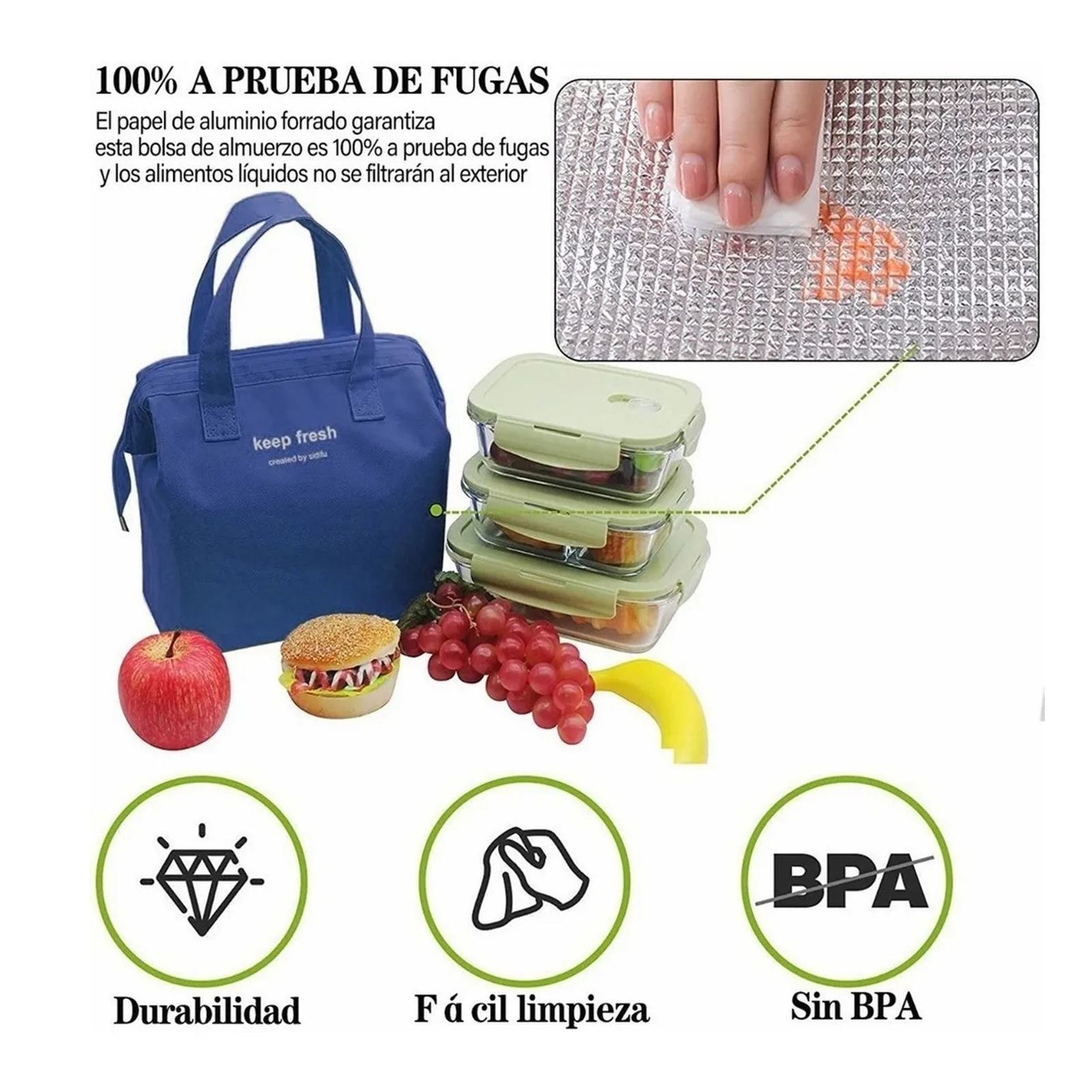 Insulated Lunch Bag Solid Color Oxford Cloth Waterproof Metal Zipper Portable Lunchbox for Commuting Royalblue V1294-YM0512-3118220275811