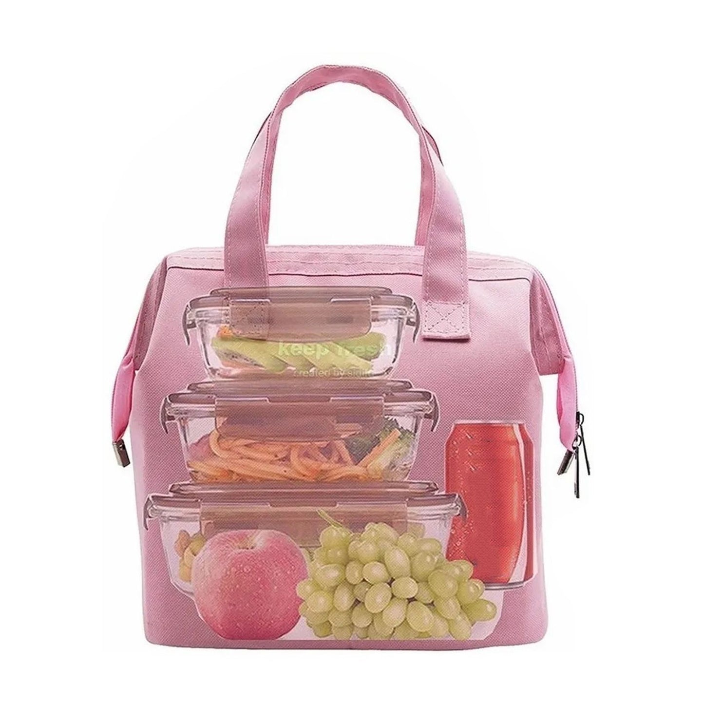Insulated Lunch Bag Solid Color Oxford Cloth Waterproof Metal Zipper Portable Lunchbox for Commuting Pink V1294-YM0512-3118220275812