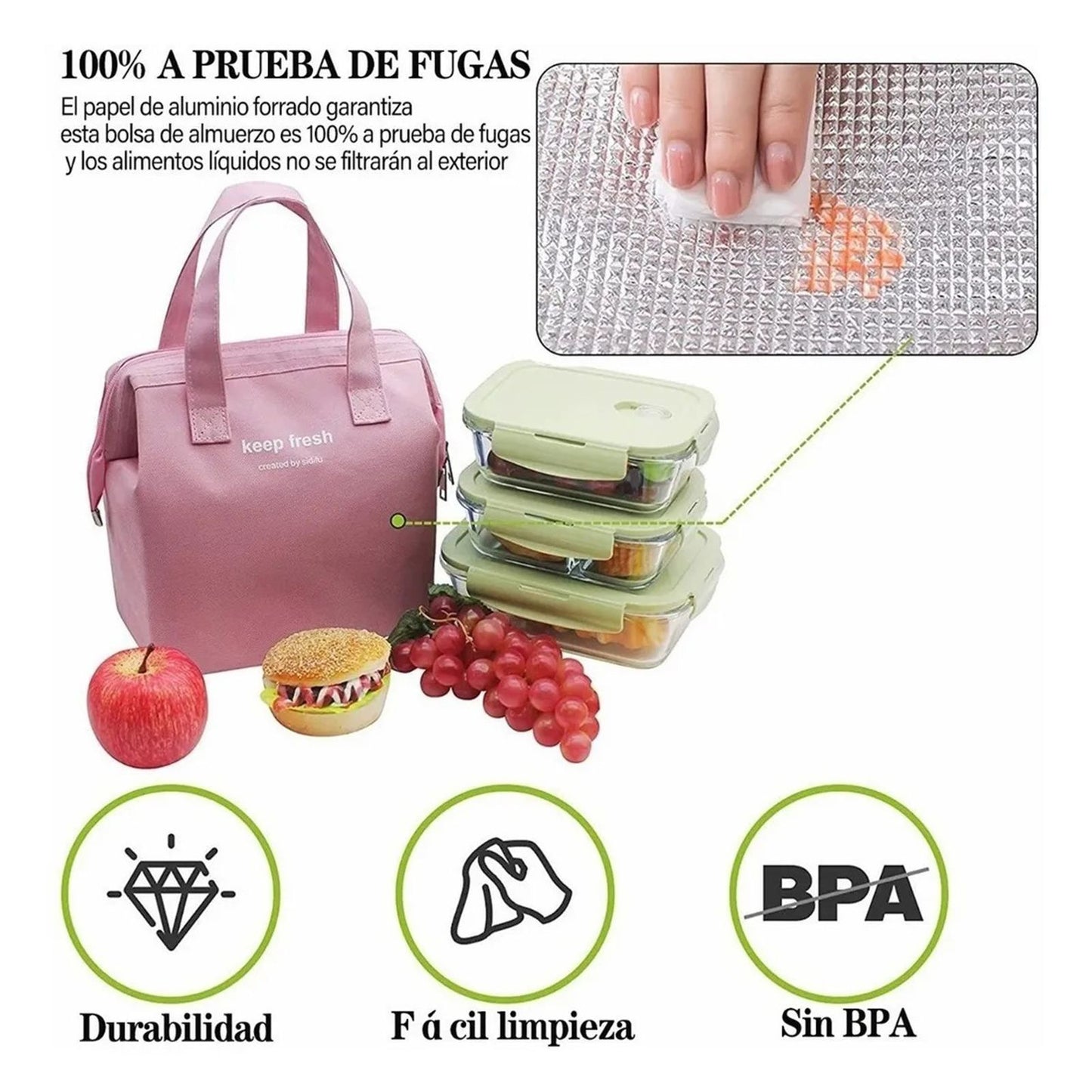 Insulated Lunch Bag Solid Color Oxford Cloth Waterproof Metal Zipper Portable Lunchbox for Commuting Pink V1294-YM0512-3118220275812
