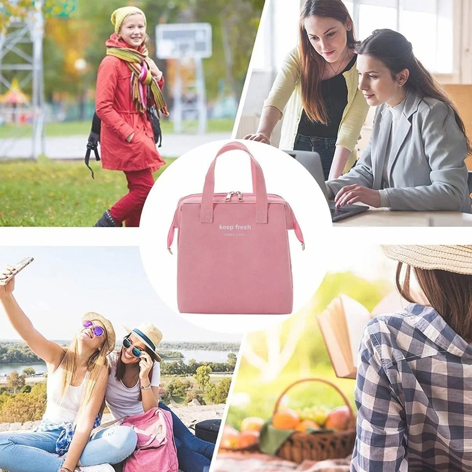 Insulated Lunch Bag Solid Color Oxford Cloth Waterproof Metal Zipper Portable Lunchbox for Commuting Pink V1294-YM0512-3118220275812