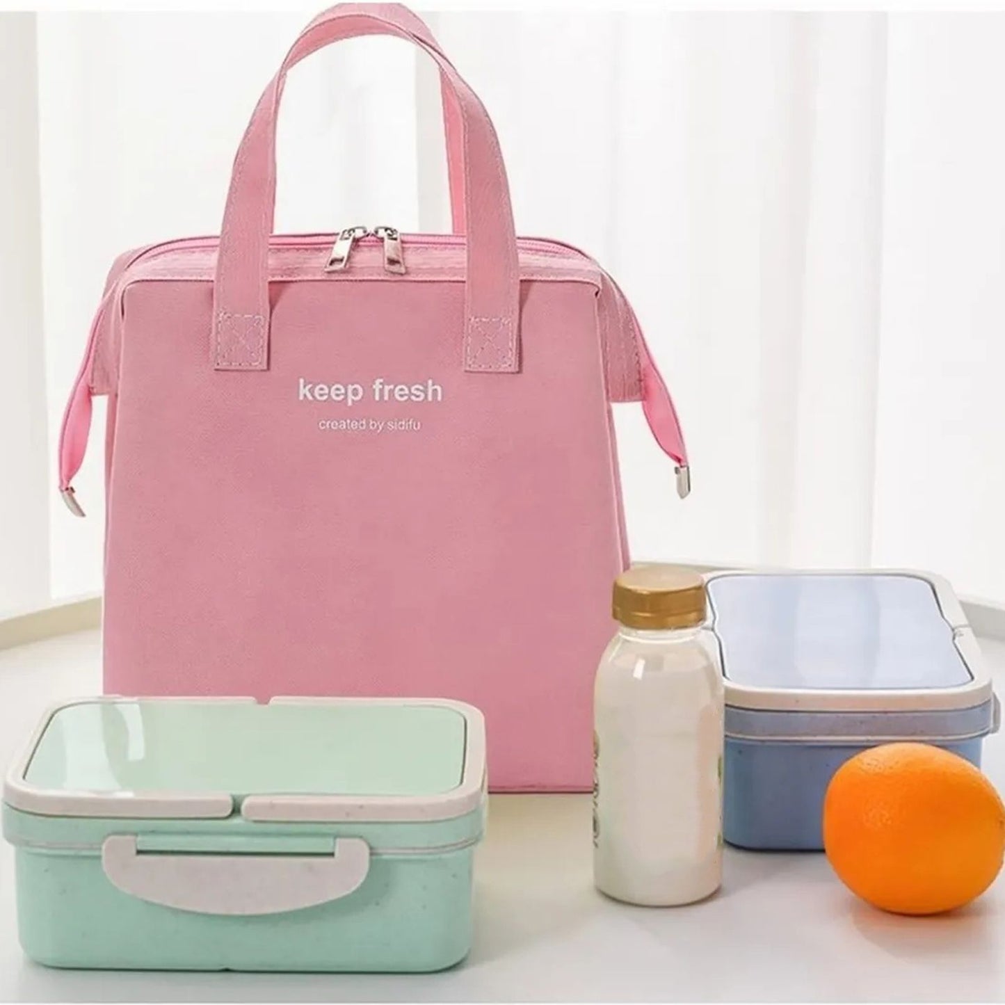 Insulated Lunch Bag Solid Color Oxford Cloth Waterproof Metal Zipper Portable Lunchbox for Commuting Pink V1294-YM0512-3118220275812