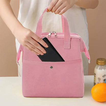 Insulated Lunch Bag Solid Color Oxford Cloth Waterproof Metal Zipper Portable Lunchbox for Commuting Pink V1294-YM0512-3118220275812