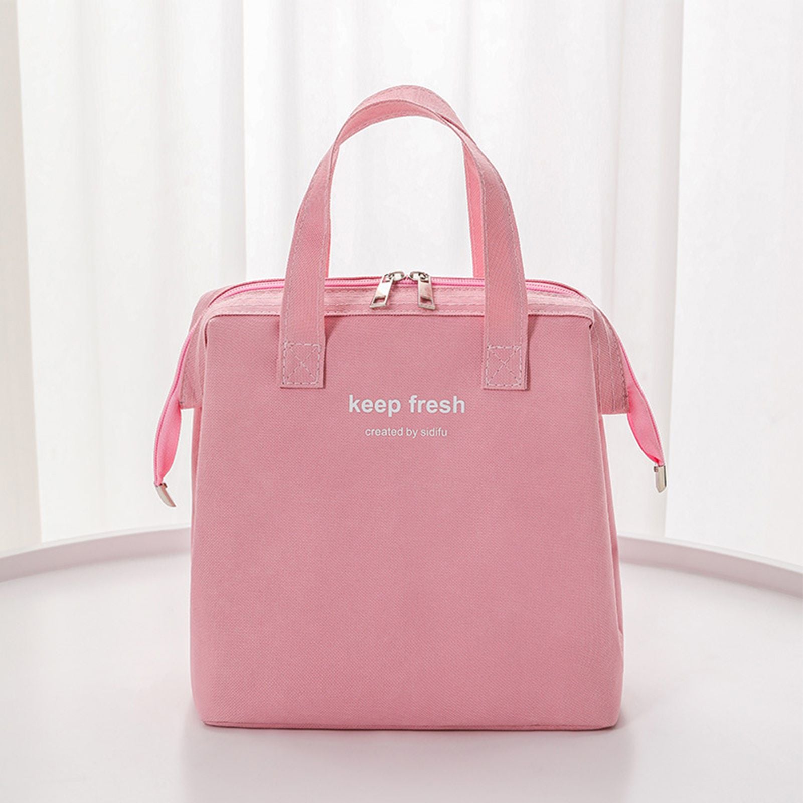 Insulated Lunch Bag Solid Color Oxford Cloth Waterproof Metal Zipper Portable Lunchbox for Commuting Pink V1294-YM0512-3118220275812
