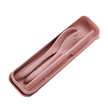 Wheat Straw Cutlery Set Modern Portable Fork Spoon Knife Tableware with Box for Office School Picnic Pink V1294-YM0512-3118220277311