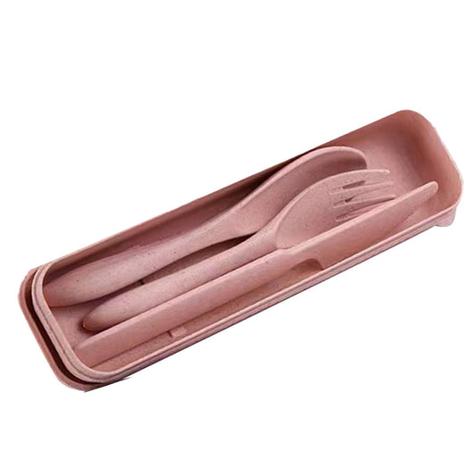 Wheat Straw Cutlery Set Modern Portable Fork Spoon Knife Tableware with Box for Office School Picnic Pink V1294-YM0512-3118220277311