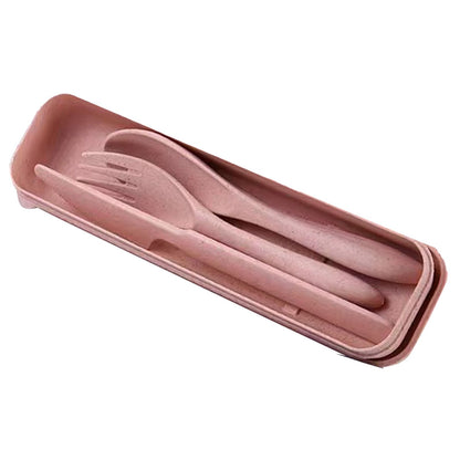 Wheat Straw Cutlery Set Modern Portable Fork Spoon Knife Tableware with Box for Office School Picnic Pink V1294-YM0512-3118220277311