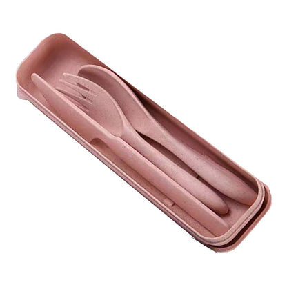 Wheat Straw Cutlery Set Modern Portable Fork Spoon Knife Tableware with Box for Office School Picnic Pink V1294-YM0512-3118220277311