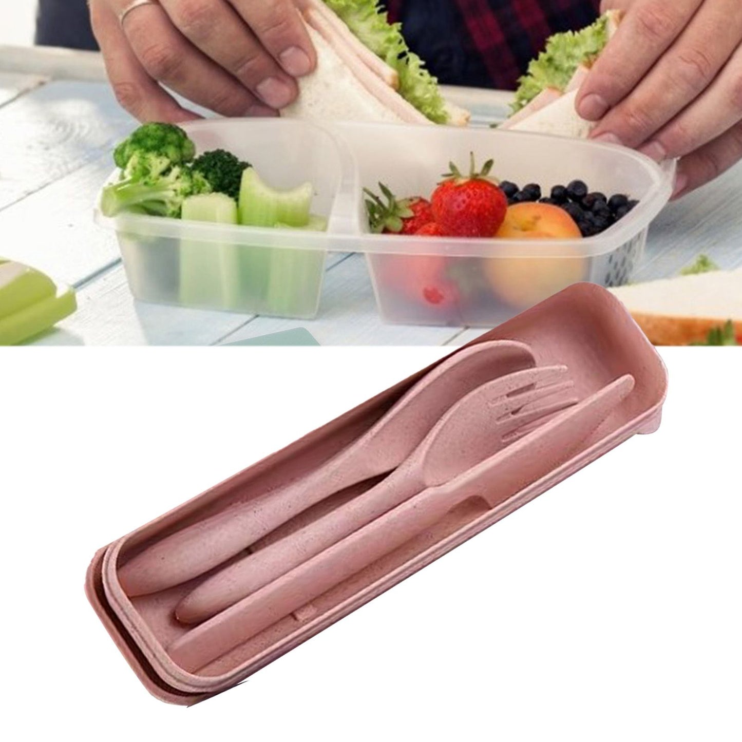 Wheat Straw Cutlery Set Modern Portable Fork Spoon Knife Tableware with Box for Office School Picnic Pink V1294-YM0512-3118220277311