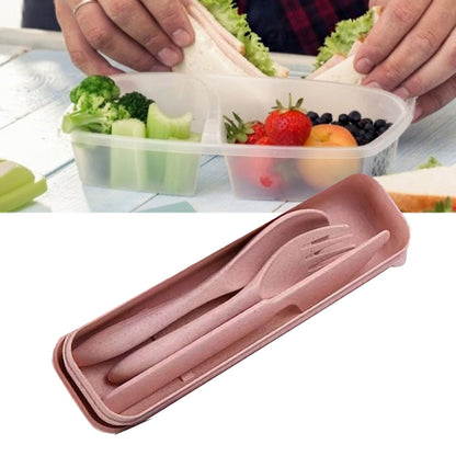 Wheat Straw Cutlery Set Modern Portable Fork Spoon Knife Tableware with Box for Office School Picnic Pink V1294-YM0512-3118220277311